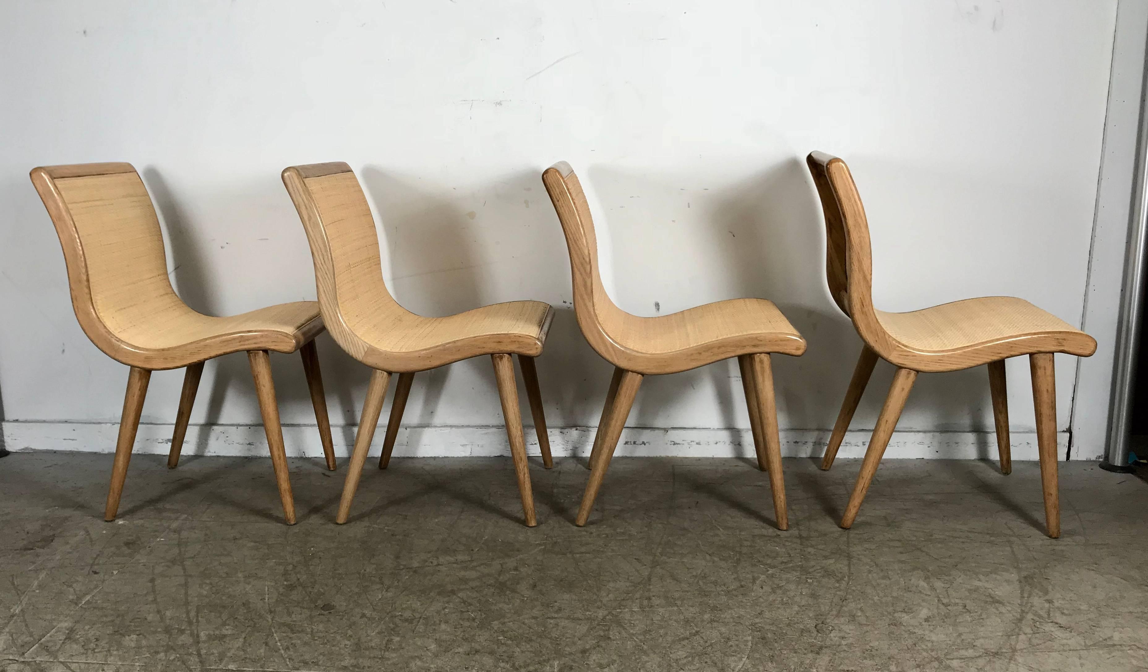 Set of Six Midcentury Dining Chairs, Cerused Oak and Cane by Russel Wright 1