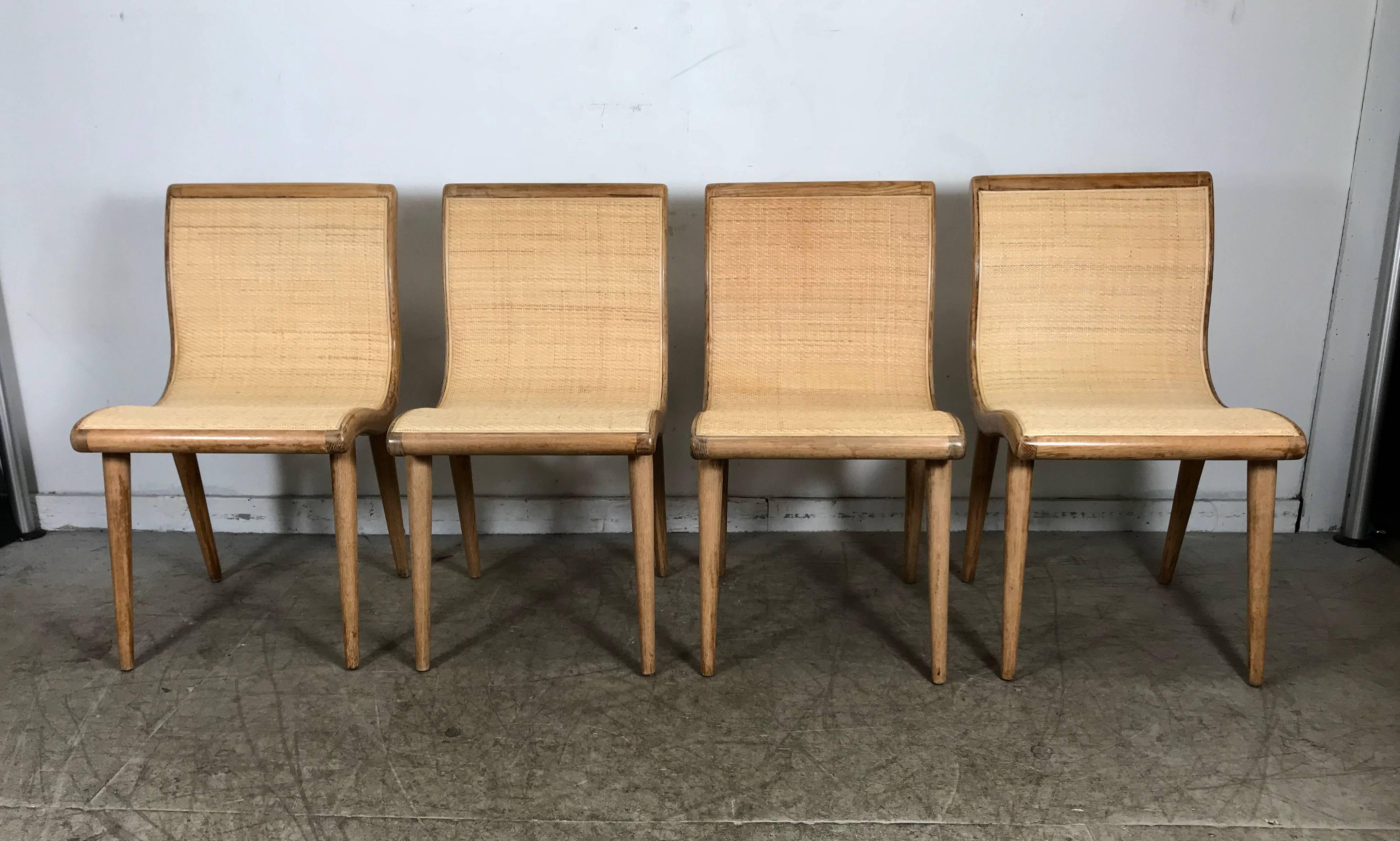 Mid-20th Century Set of Six Midcentury Dining Chairs, Cerused Oak and Cane by Russel Wright