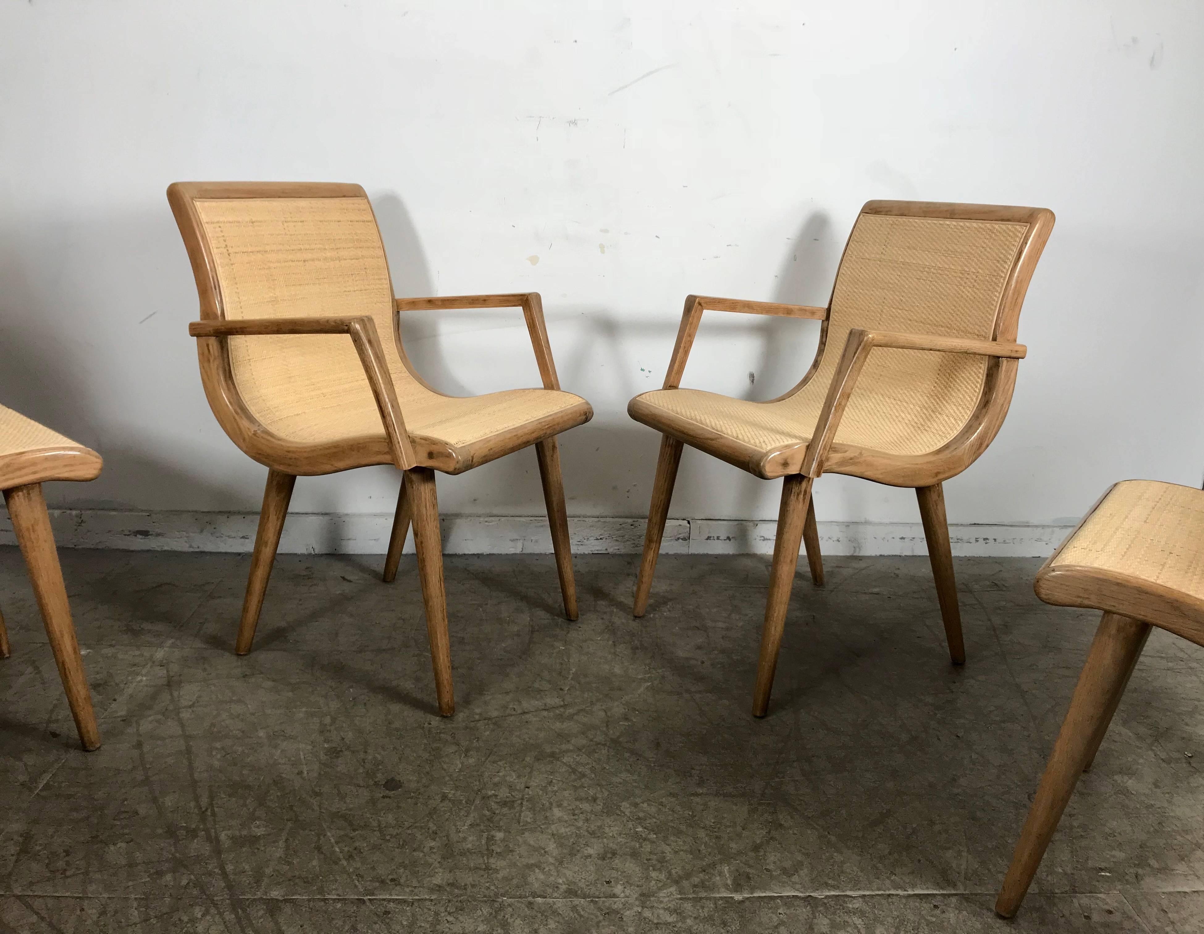 Mid-Century Modern Set of Six Midcentury Dining Chairs, Cerused Oak and Cane by Russel Wright