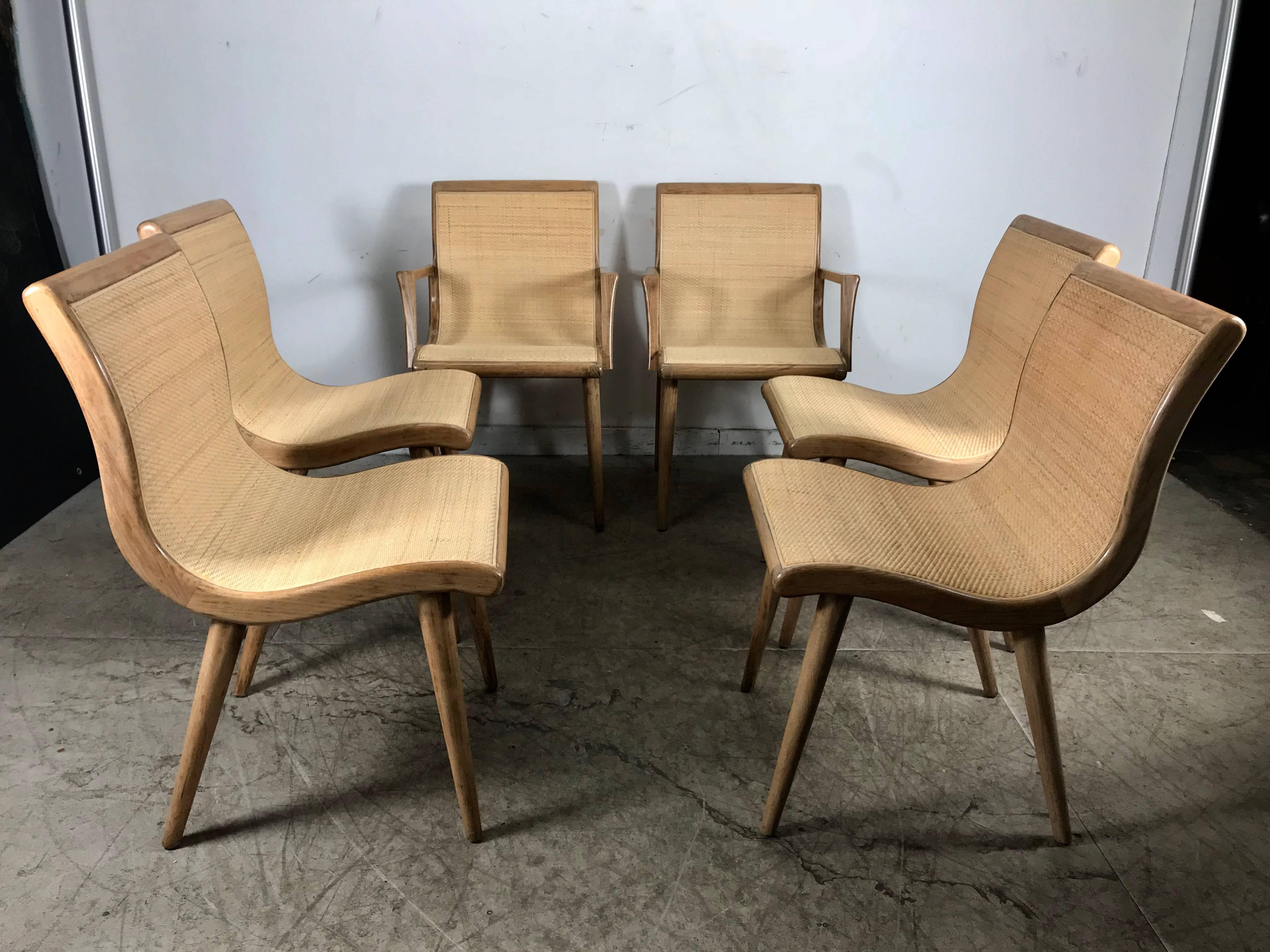 American Set of Six Midcentury Dining Chairs, Cerused Oak and Cane by Russel Wright