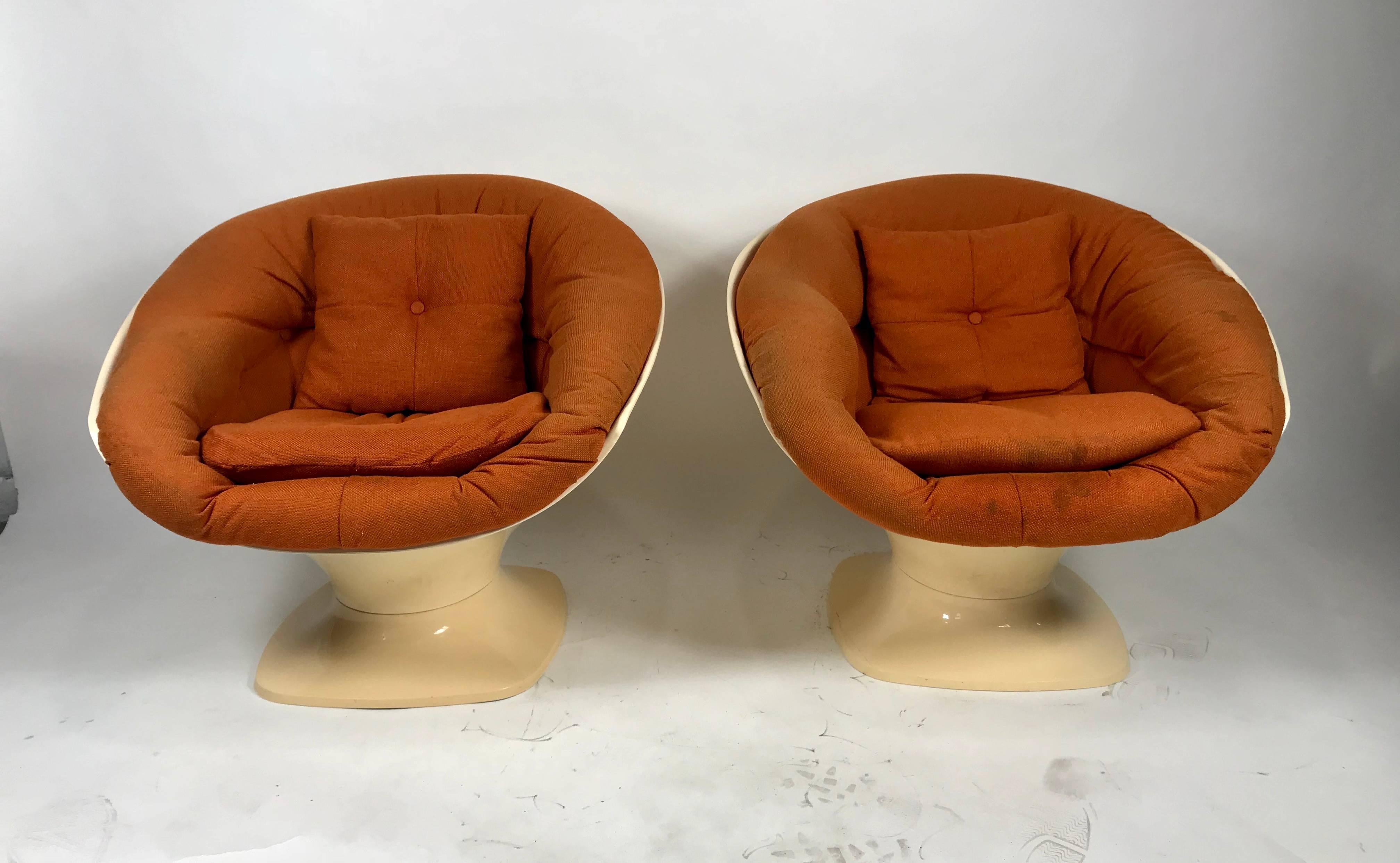 Stunning pair of resin armchairs complete with their original tangerine wool upholstery by famous French decorator 'Raphael. Hand delivery avail to New York City or anywhere en route from Buffalo New York.