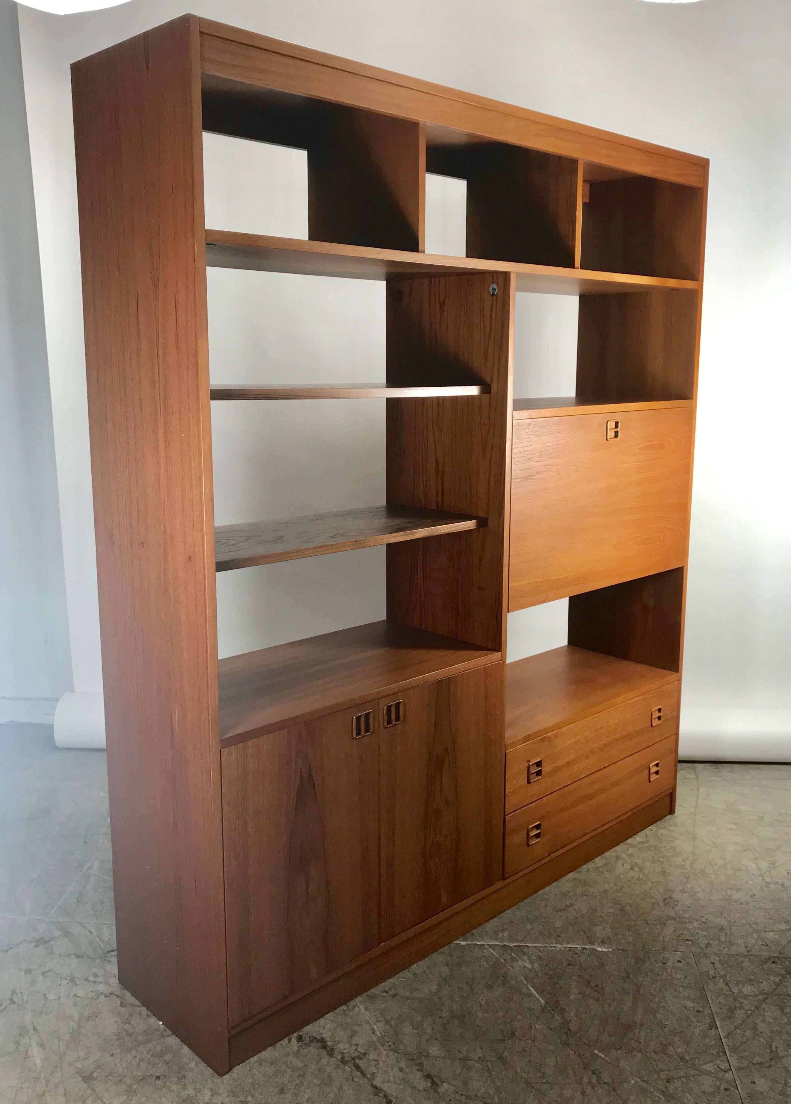 Classic Teak Wood Wall Unit, Drop Down Desk, Denmark In Excellent Condition In Buffalo, NY