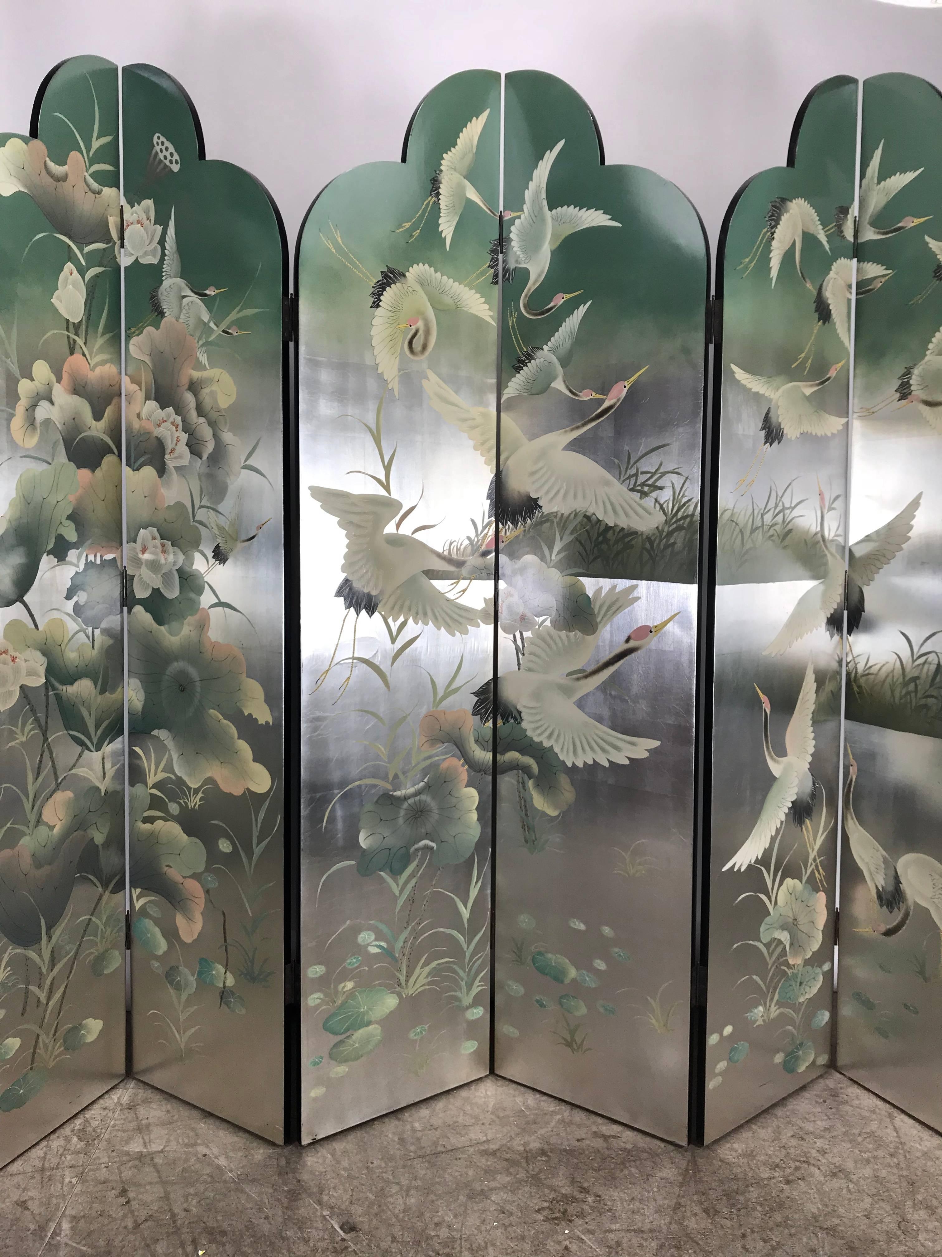 Chinese Export Outstanding Six Panel Double-Sided Asian Screen or Room Divider, Silver Leaf