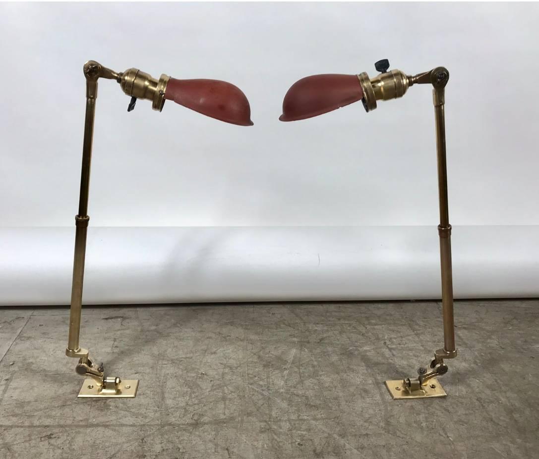 Matched Pair of Polished Brass O C White Industrial Task or Work Lamps 2