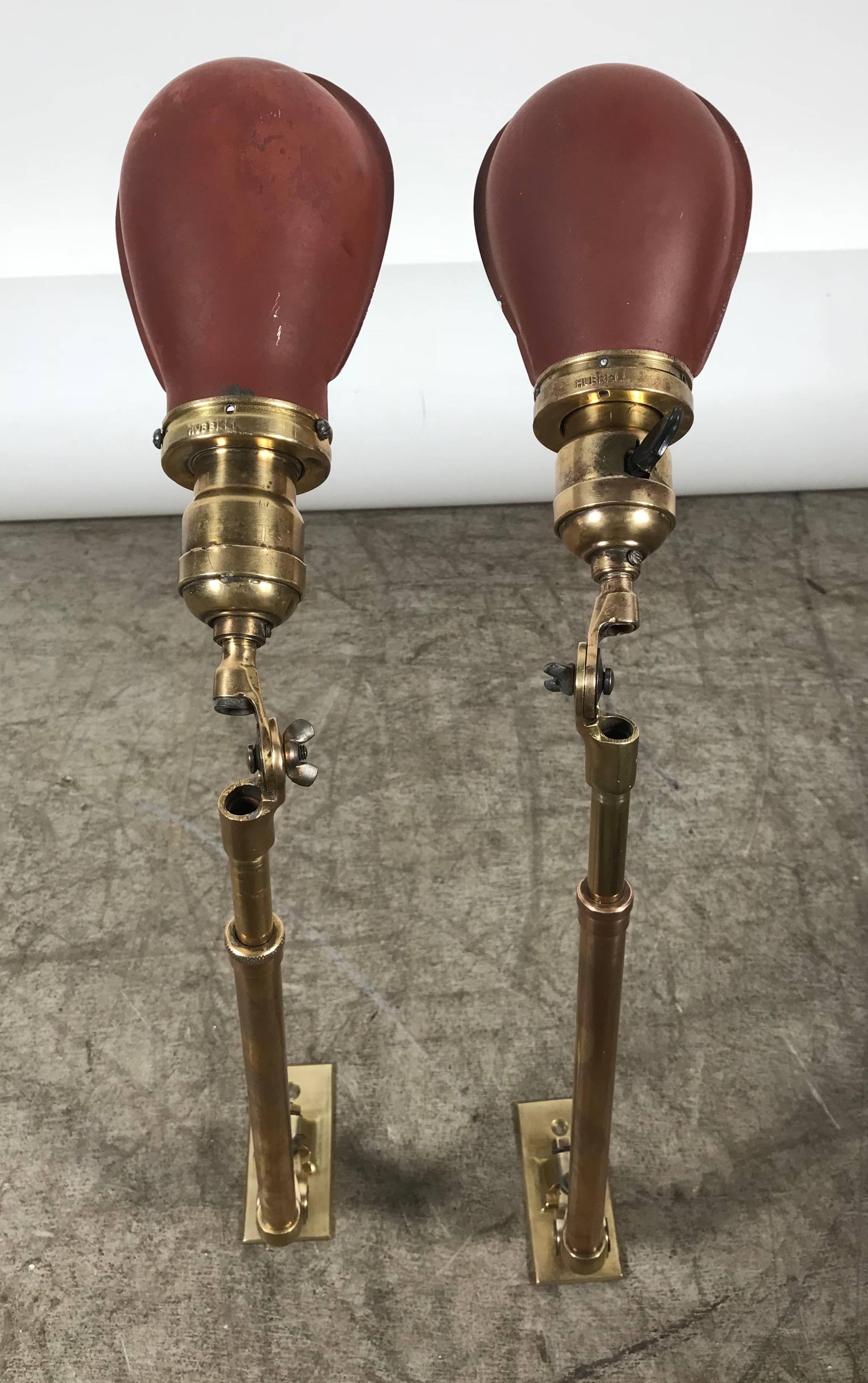 Metal Matched Pair of Polished Brass O C White Industrial Task or Work Lamps