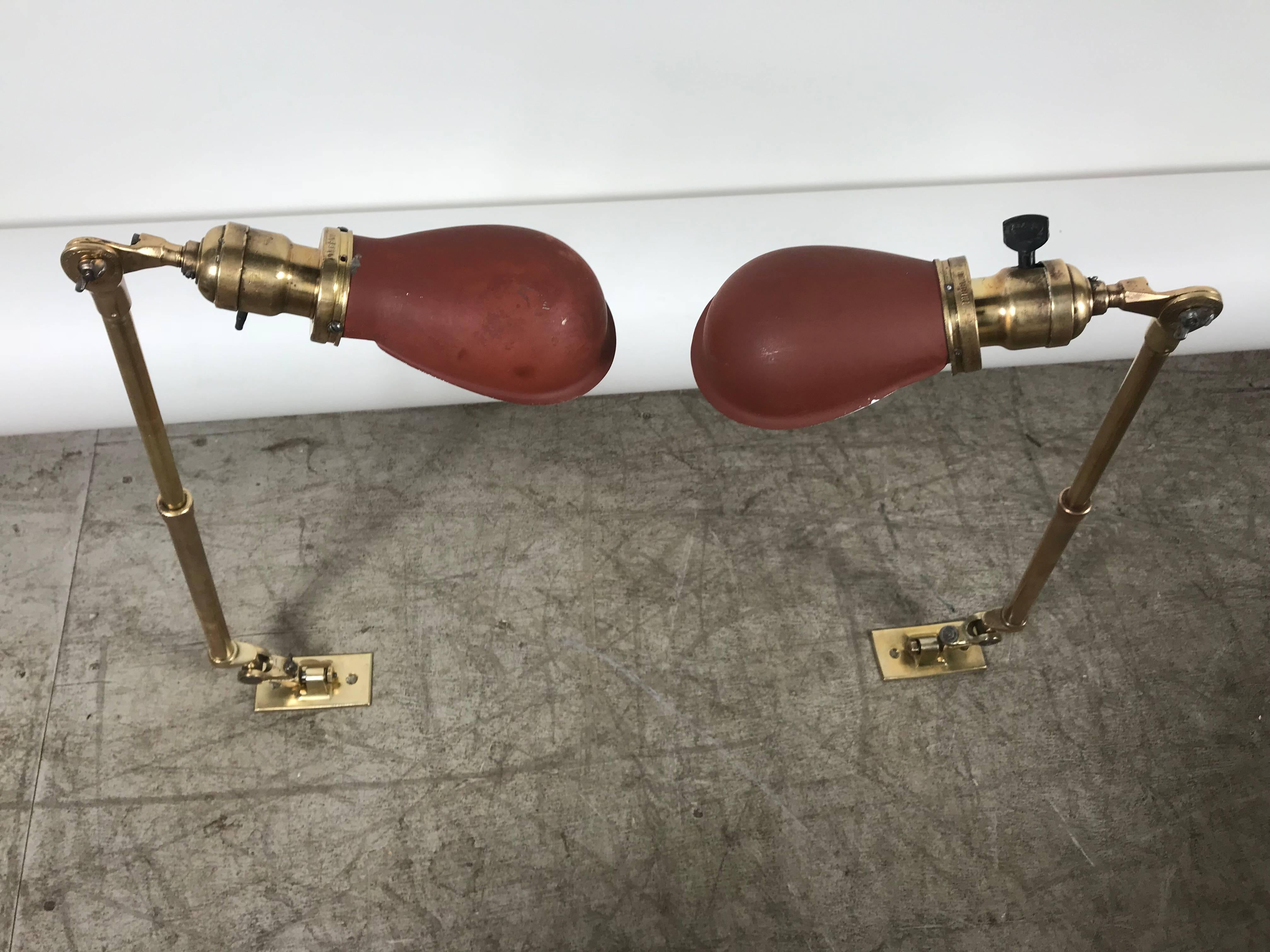 American Matched Pair of Polished Brass O C White Industrial Task or Work Lamps