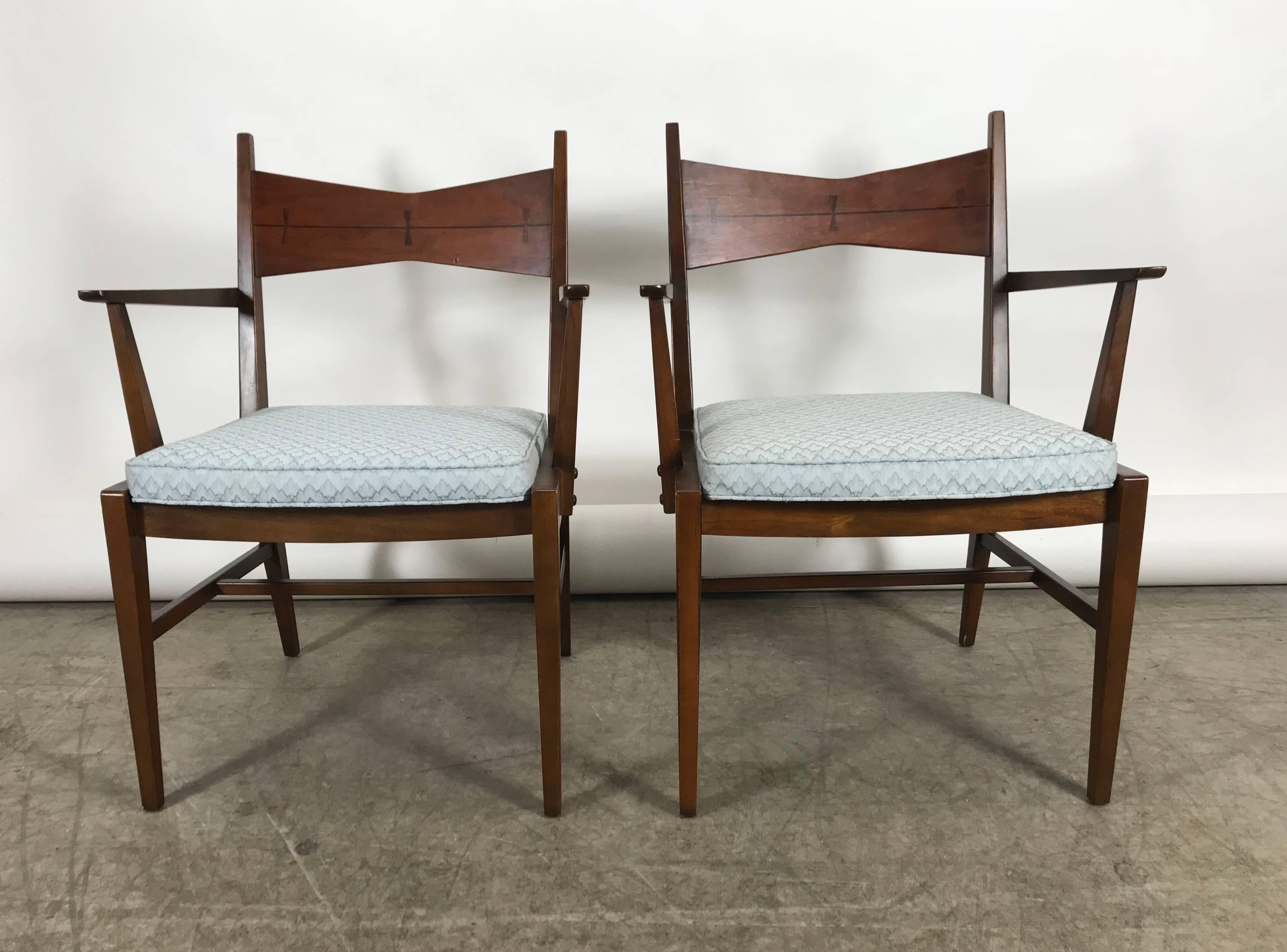 Fabric Set of Six Mid-Century Modern Dining Chairs, Lane Tuxedo, Butterfly Inlay