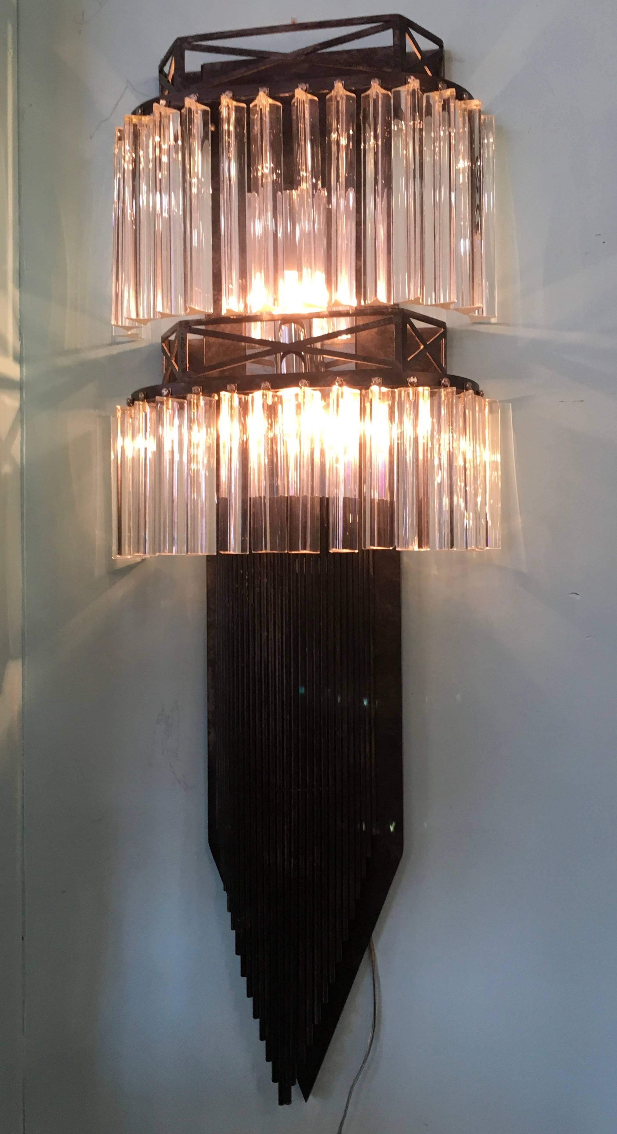 American 12 Matching Wall Sconces, Custom-Made Brutalist Iron and Venini Crystals