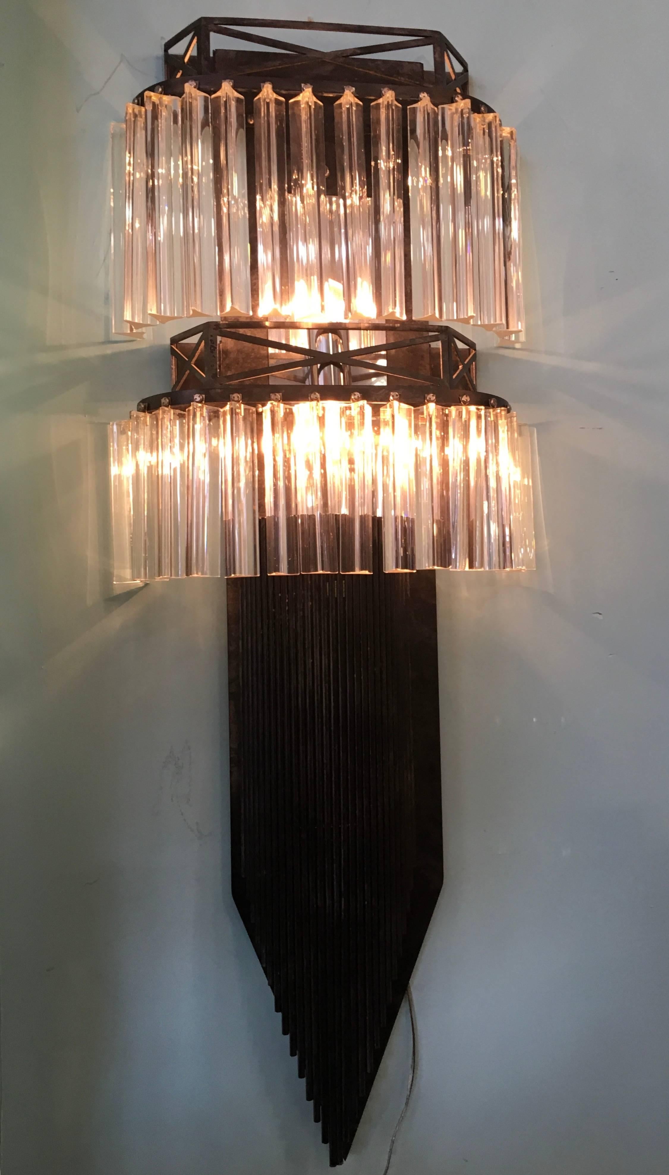 12 Matching Wall Sconces, Custom-Made Brutalist Iron and Venini Crystals In Good Condition In Buffalo, NY