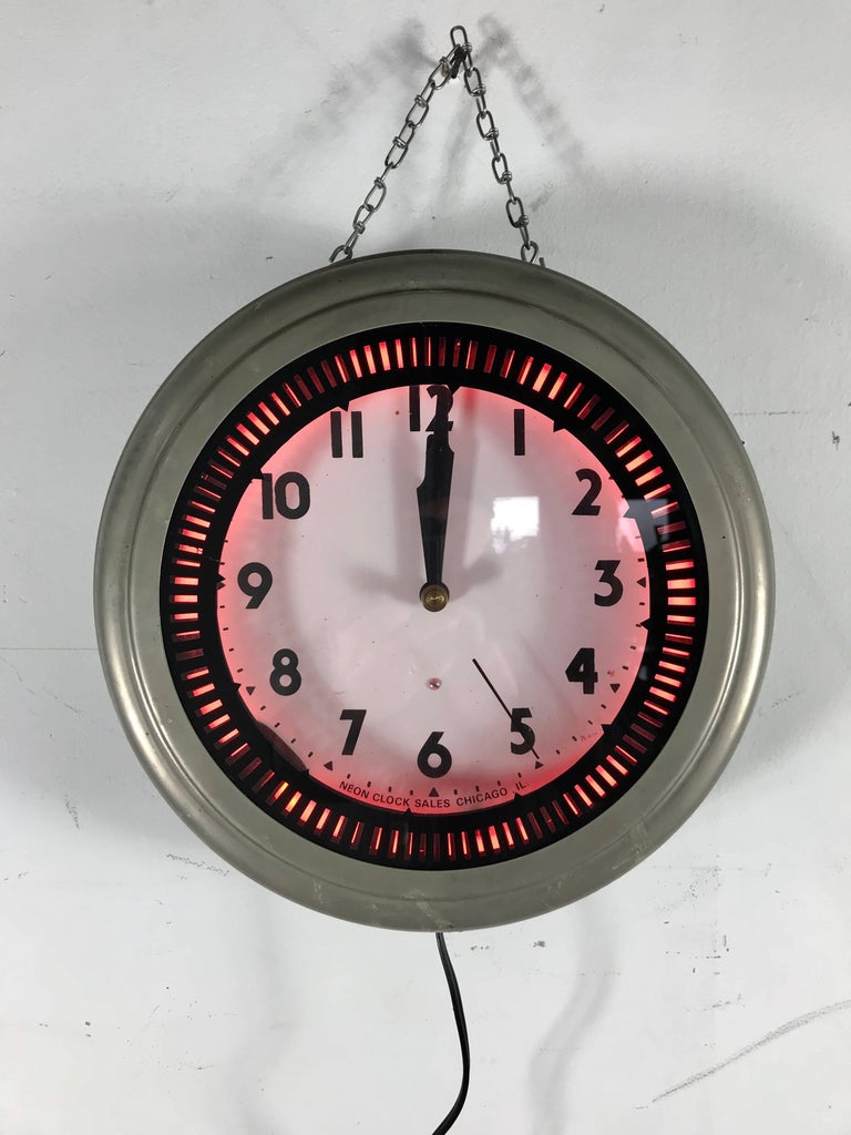 1930s Art Deco "Spinner" Neon Clock, Pink Glow, Neon Clock Sales