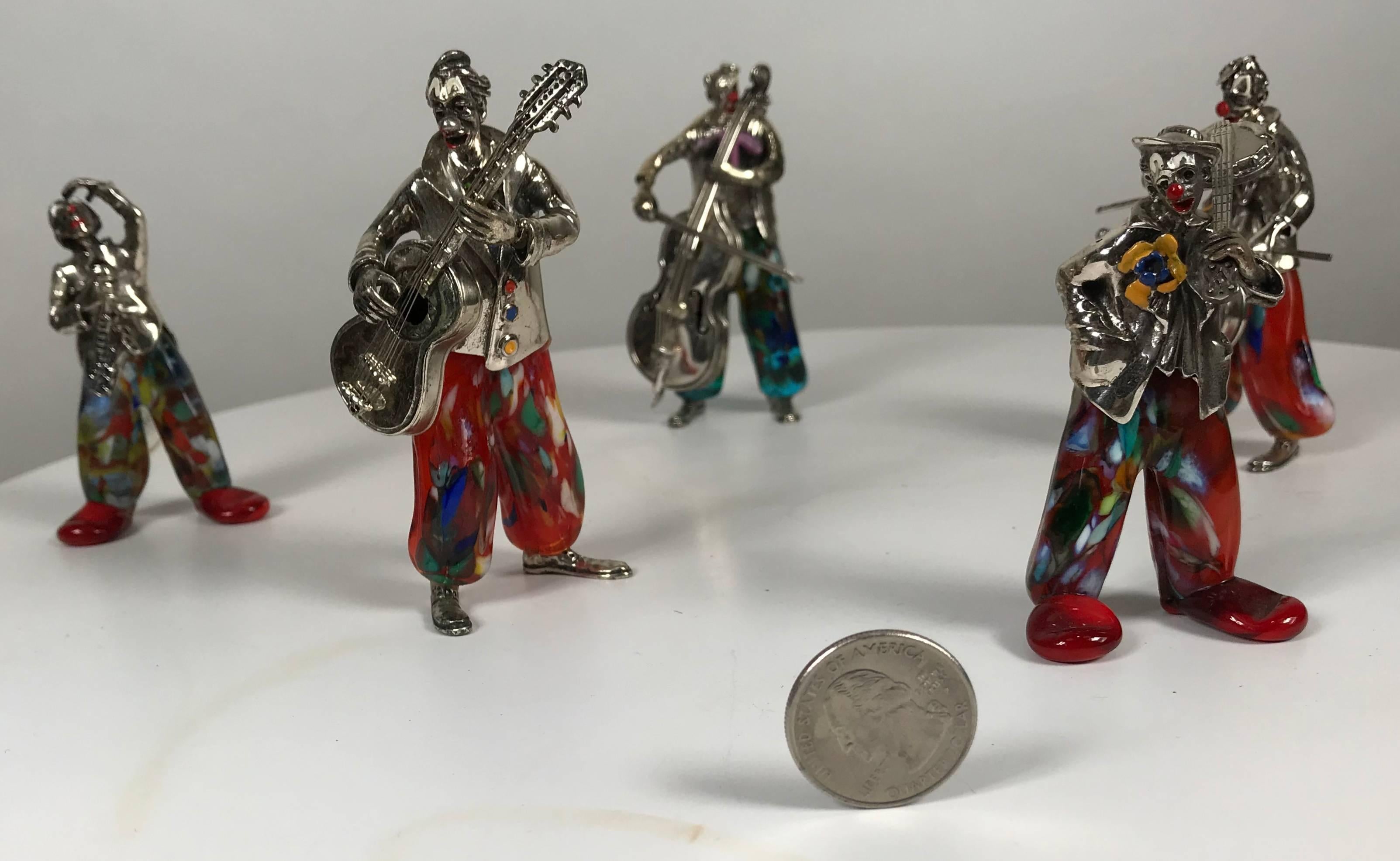 Mid-Century Modern Set of Five Murano Glass and Sterling Silver Musical Clowns by Vittorio Angini