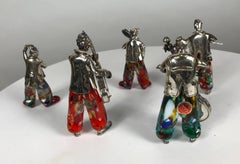 Set of Five Murano Glass and Sterling Silver Musical Clowns by Vittorio Angini