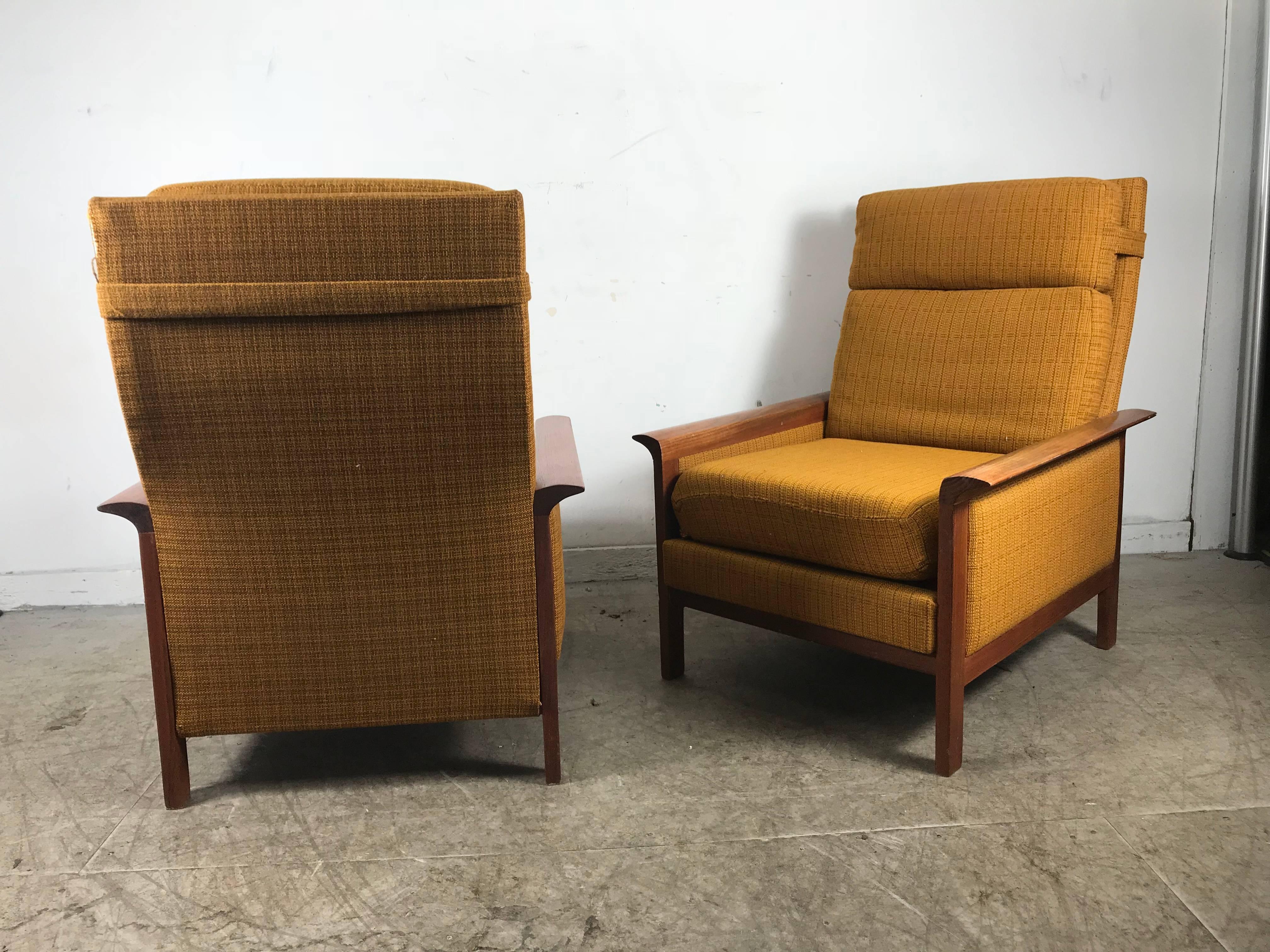 Fabric Classic Danish Modern High Back Teak Lounge Chairs by Hans Olsen