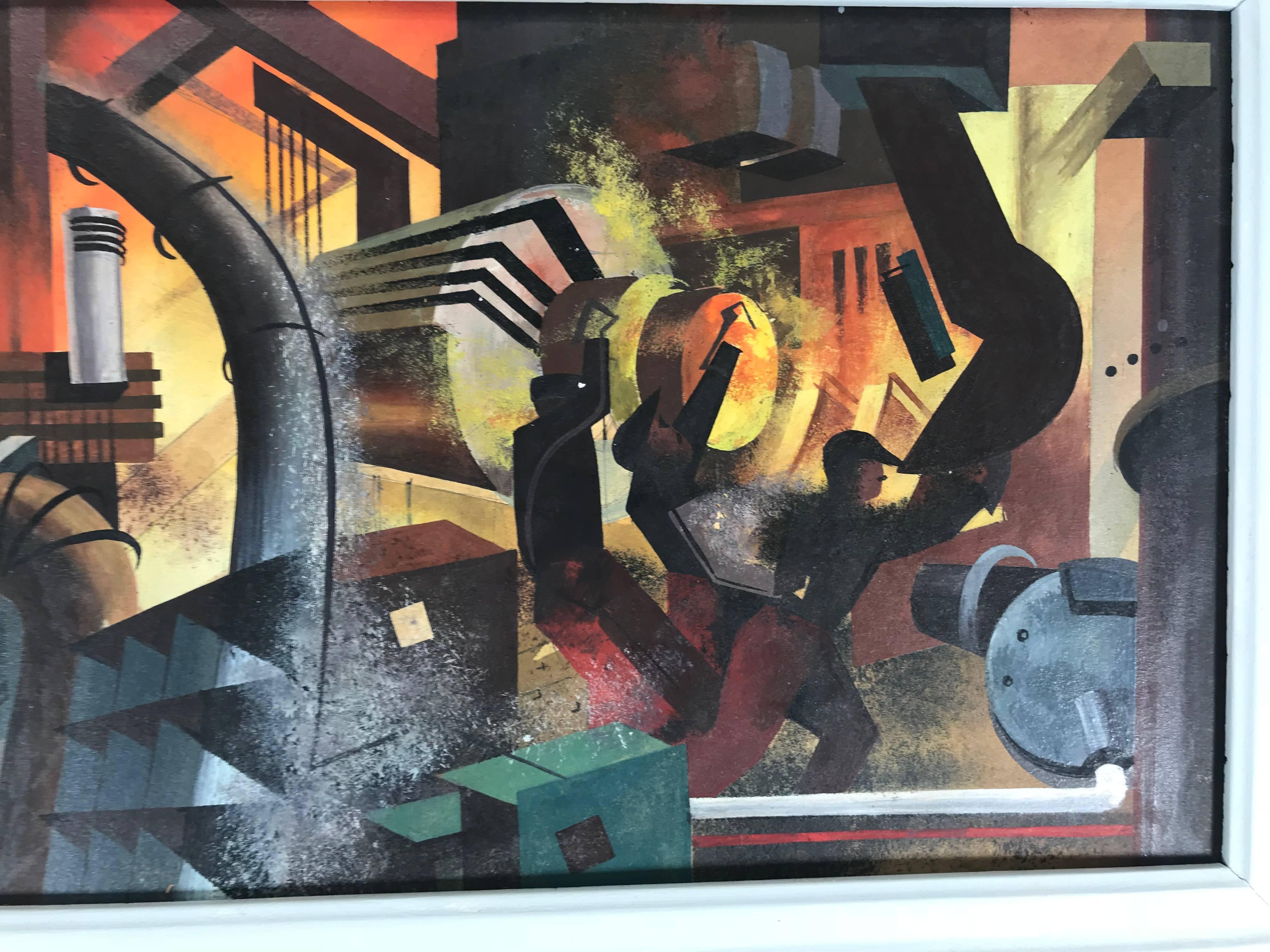 Peinture à l'huile d'industriel moderne bien exécutée, travailleurs d'usine futuristes. L'utilisation de la couleur, de la texture et de l'espace est étonnante. Artiste inconnu. Mark Kostabi rencontre Fernand Leger.