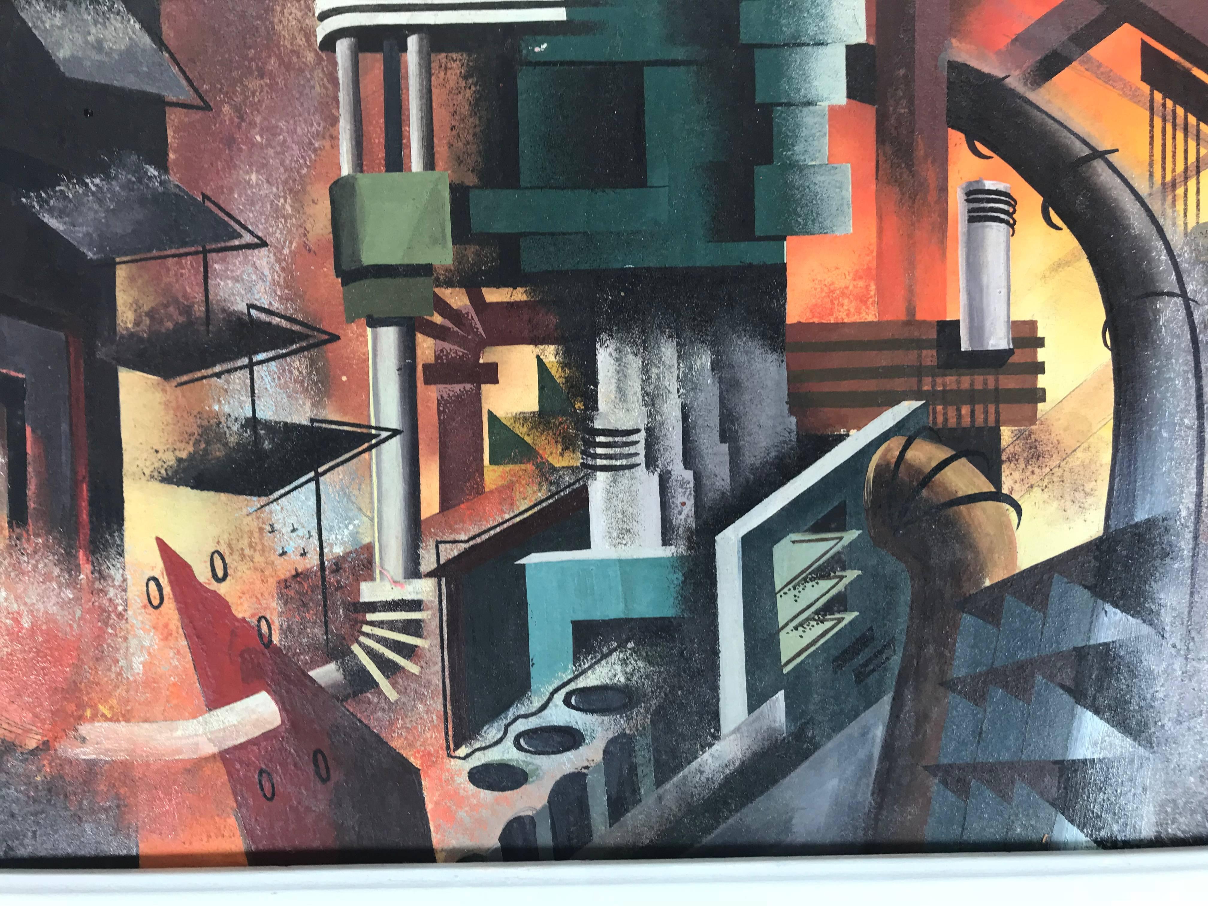 Pintura al óleo industrial moderna bien ejecutada Trabajadores de una fábrica futurista Art Decó en venta
