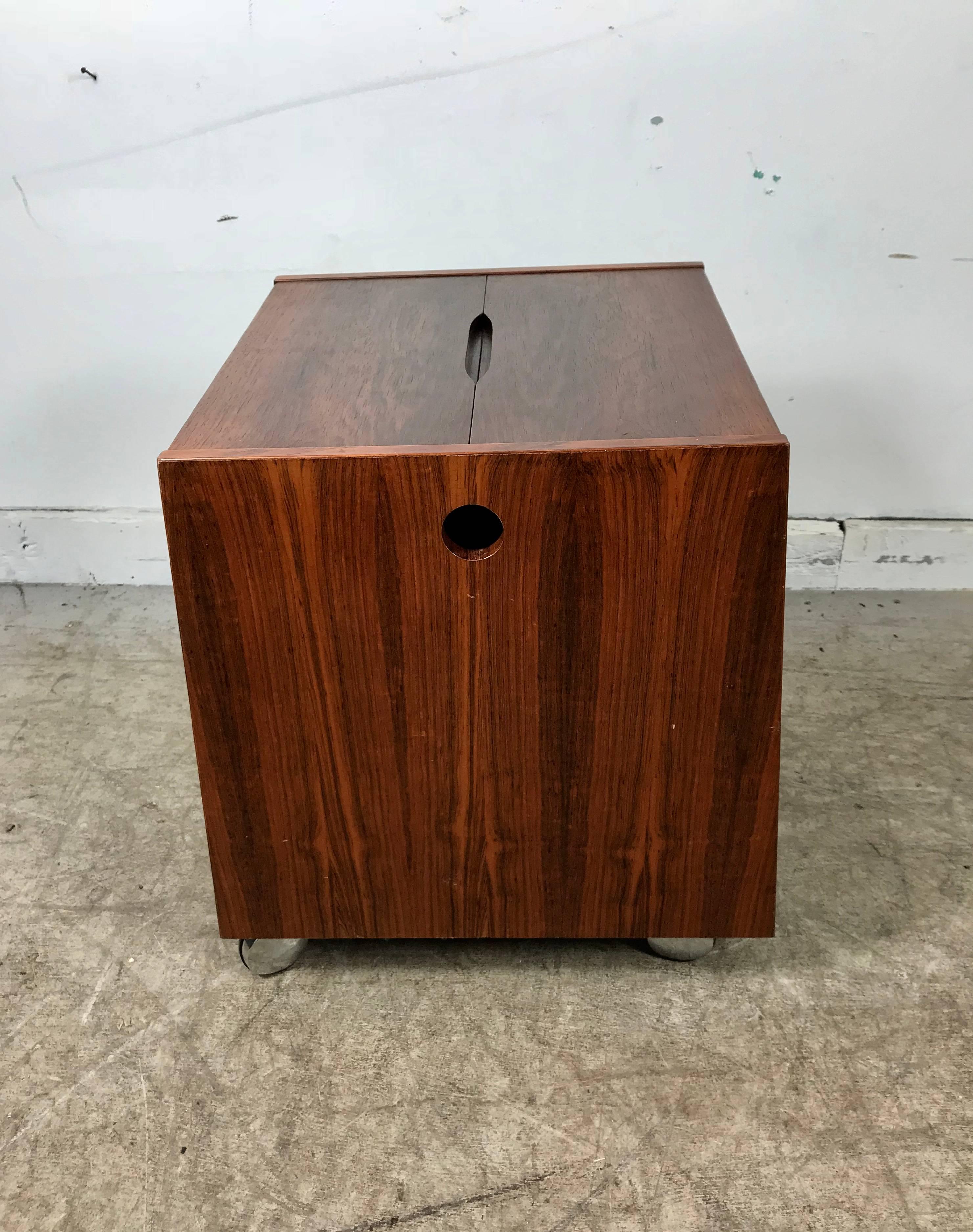Gorgeous Rolf Hesland rosewood sewing box by Bruksbo of Norway. Classic Scandinavian design, superior quality and construction. Amazing design, top measures 13 x 13
.5 open measures 27.5.