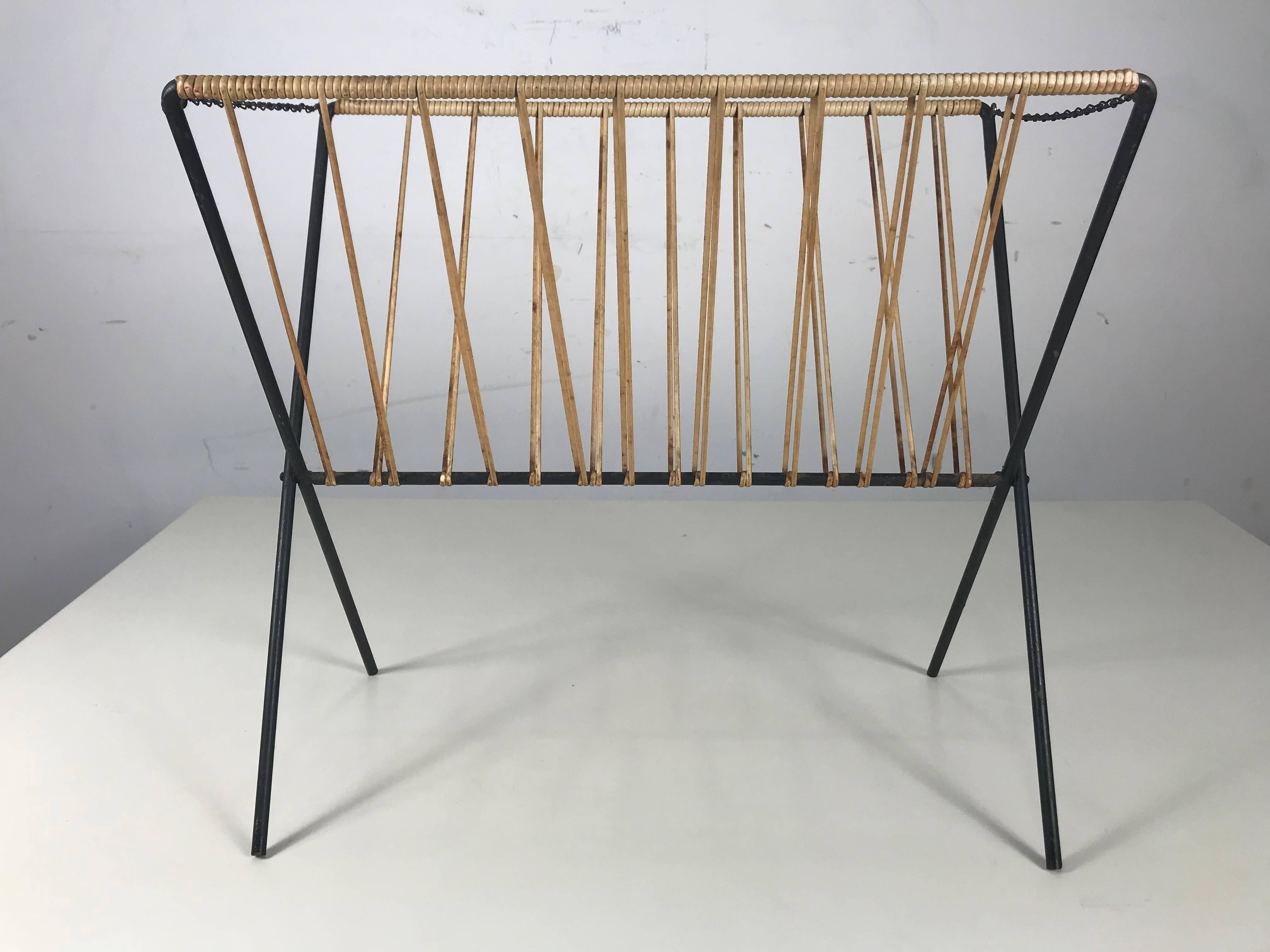 Modernist Iron and Jute Folding Magazine Rack, Tomado In Good Condition For Sale In Buffalo, NY