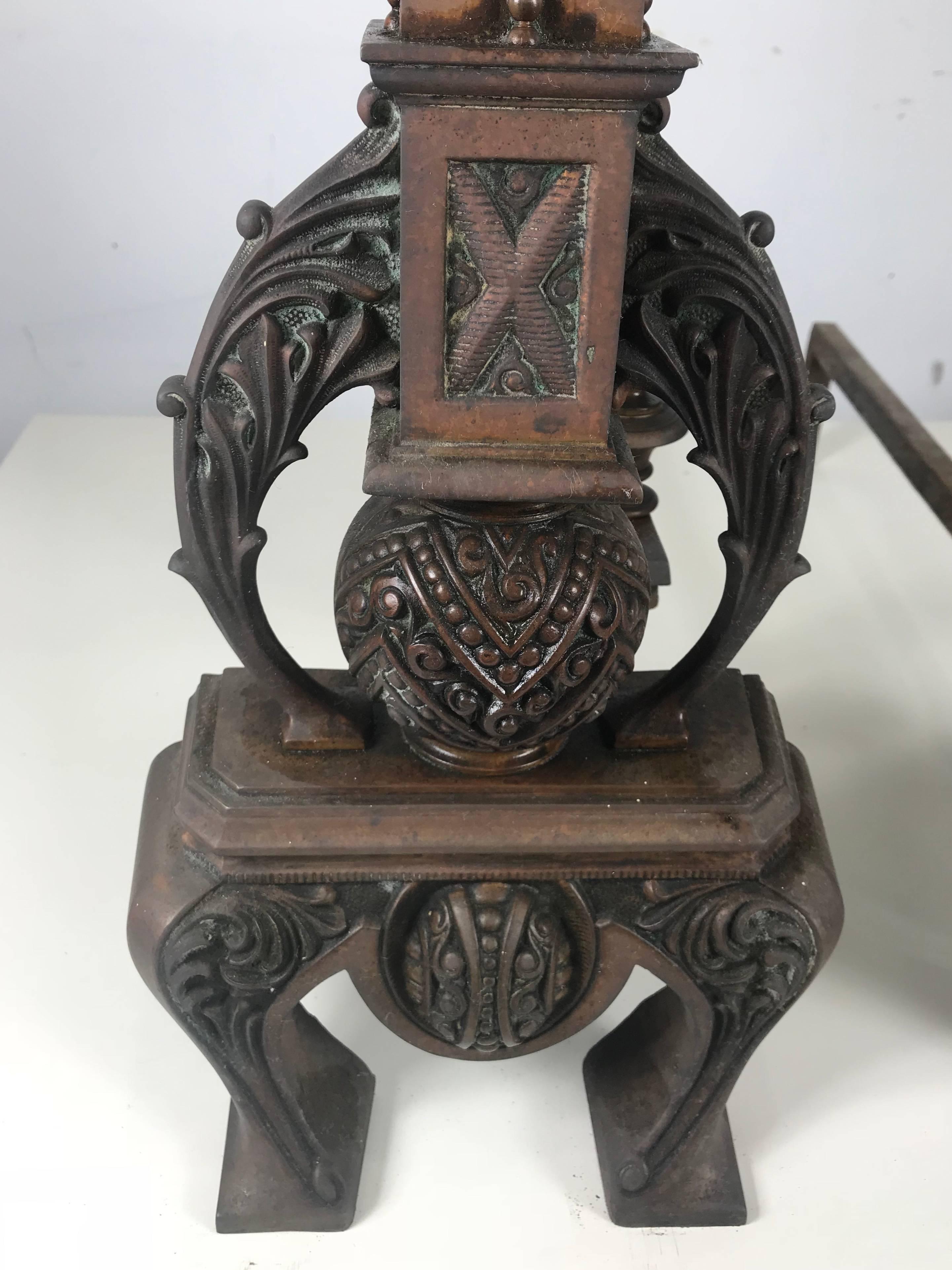 Stunning, 1890s F.G. Janusch N Y Bronze Fireplace Andirons. Transitional high style Victorian, arts and crafts design. Very reminiscent of famed Louis Sullivan designs.