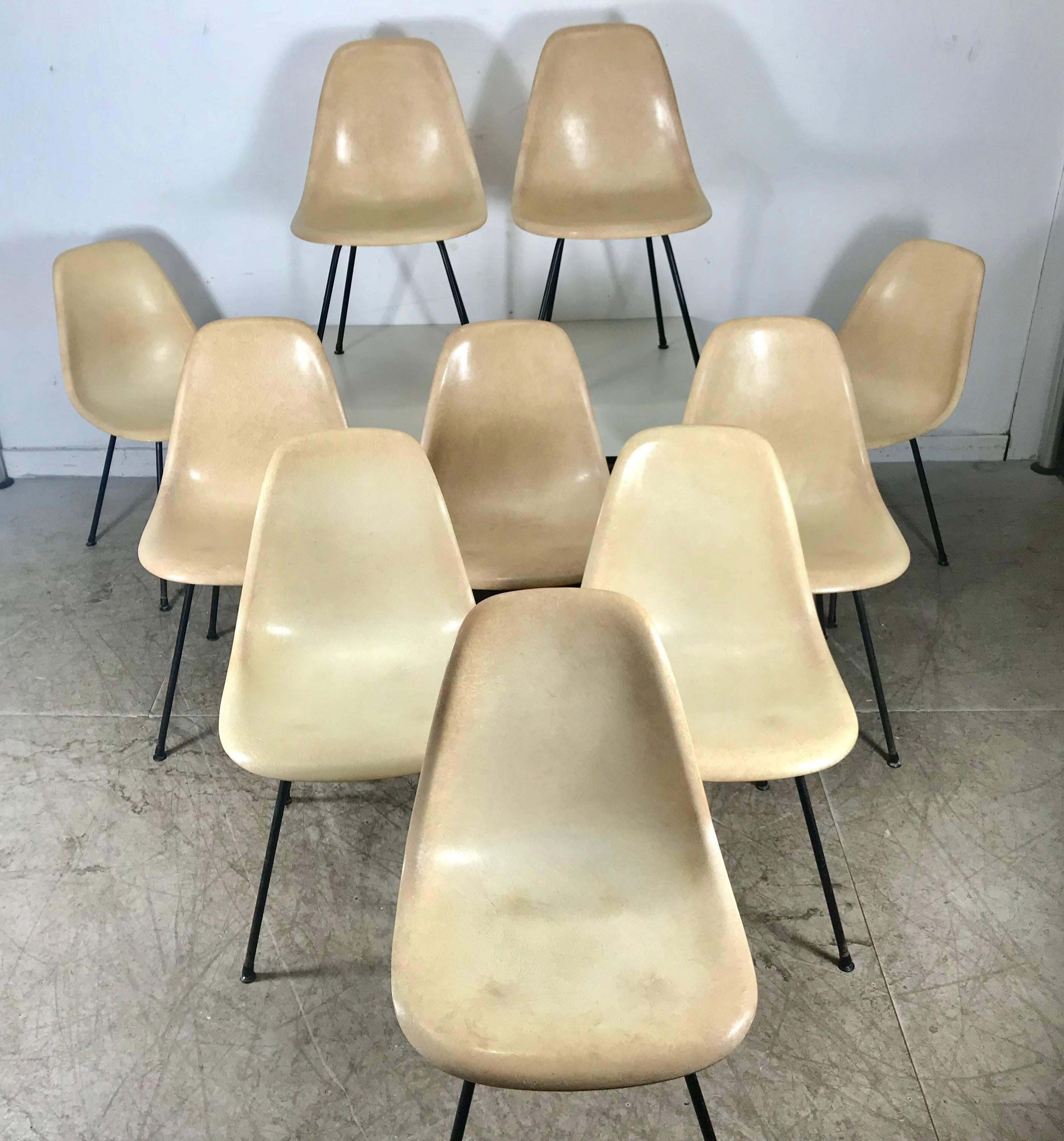 Mid-Century Modern Rare 1st year production Eames Fiberglass Side Shell Chairs, Set of Ten, X-Base