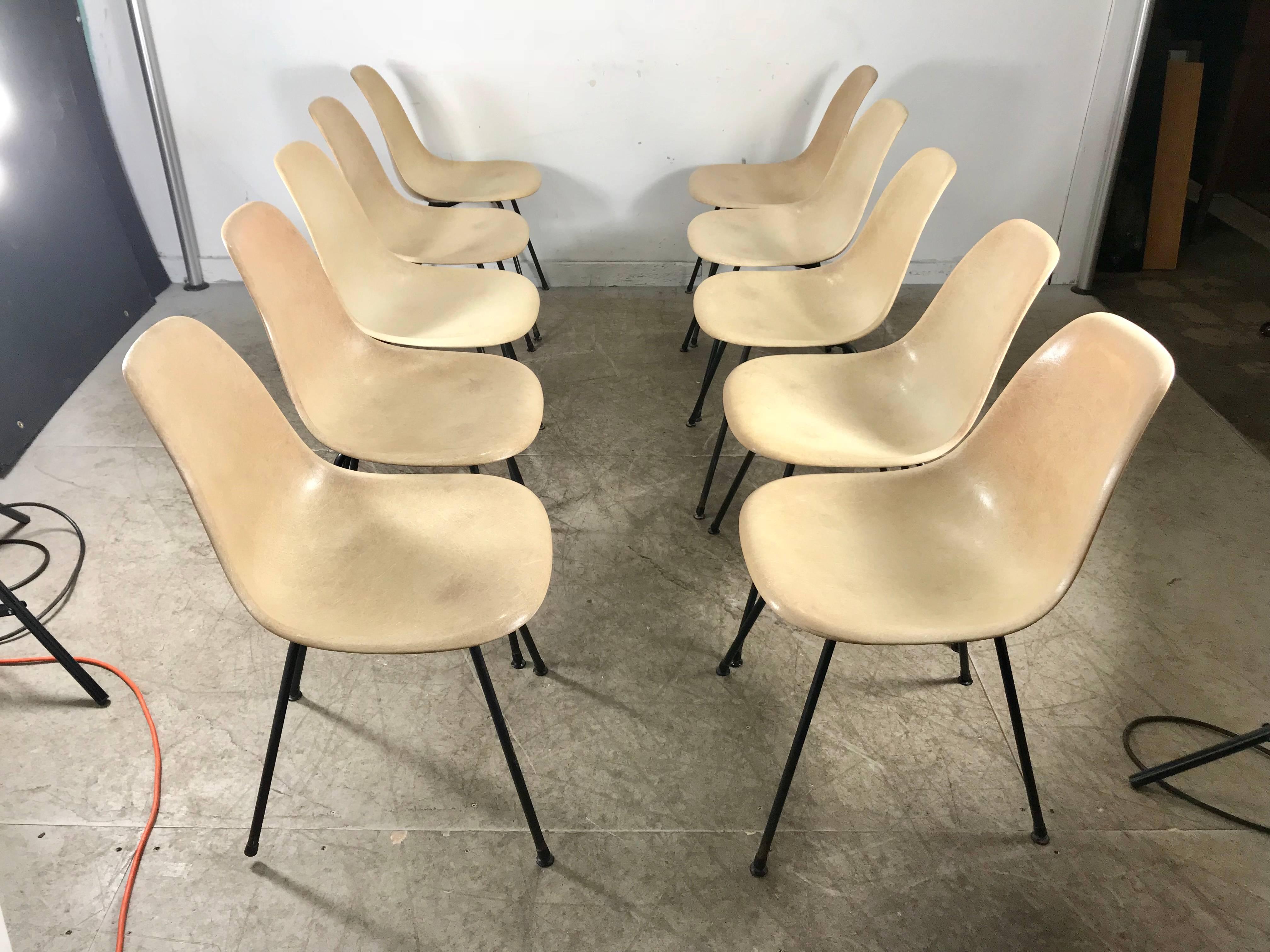American Rare 1st year production Eames Fiberglass Side Shell Chairs, Set of Ten, X-Base