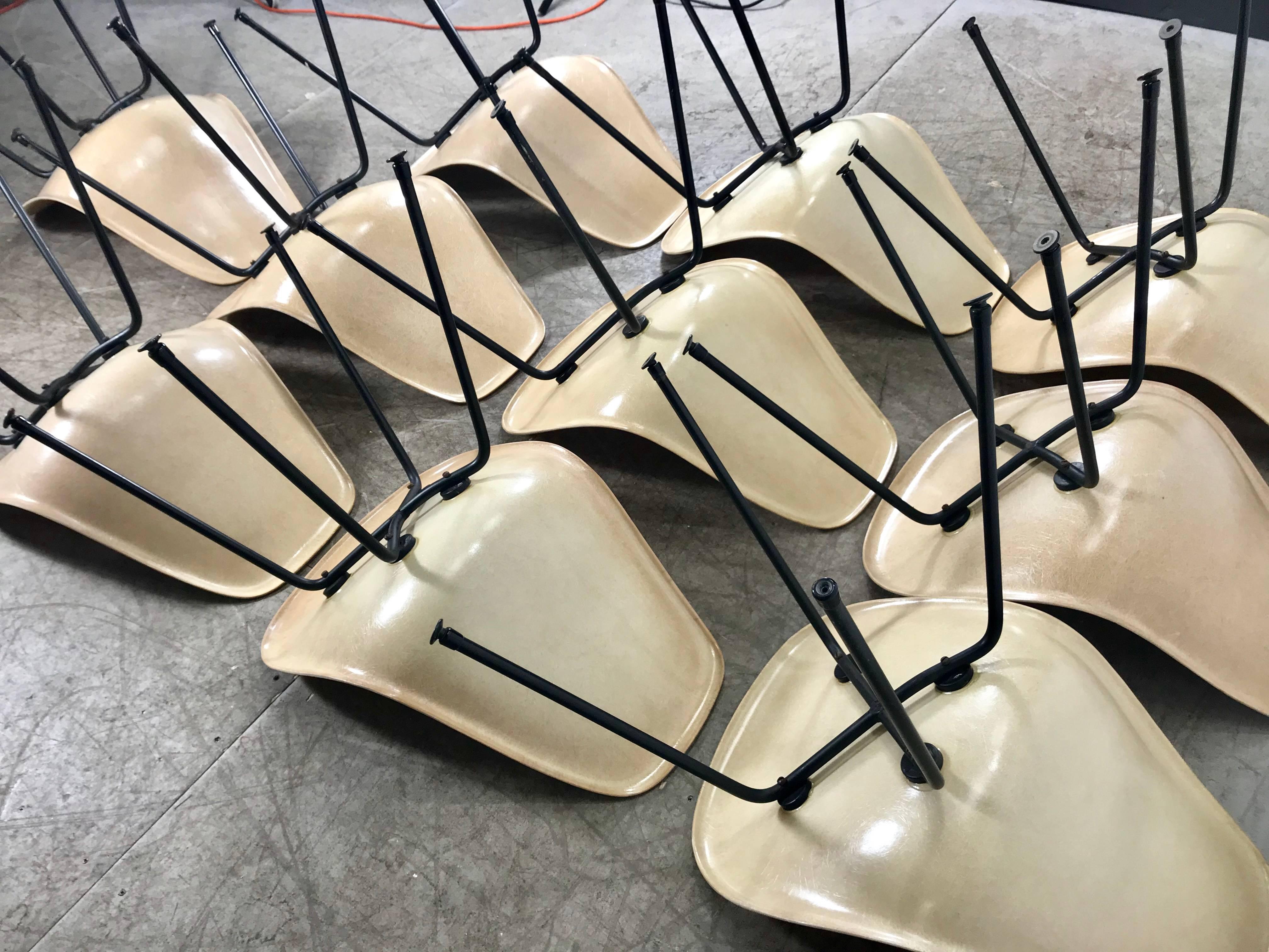 Iron Rare 1st year production Eames Fiberglass Side Shell Chairs, Set of Ten, X-Base