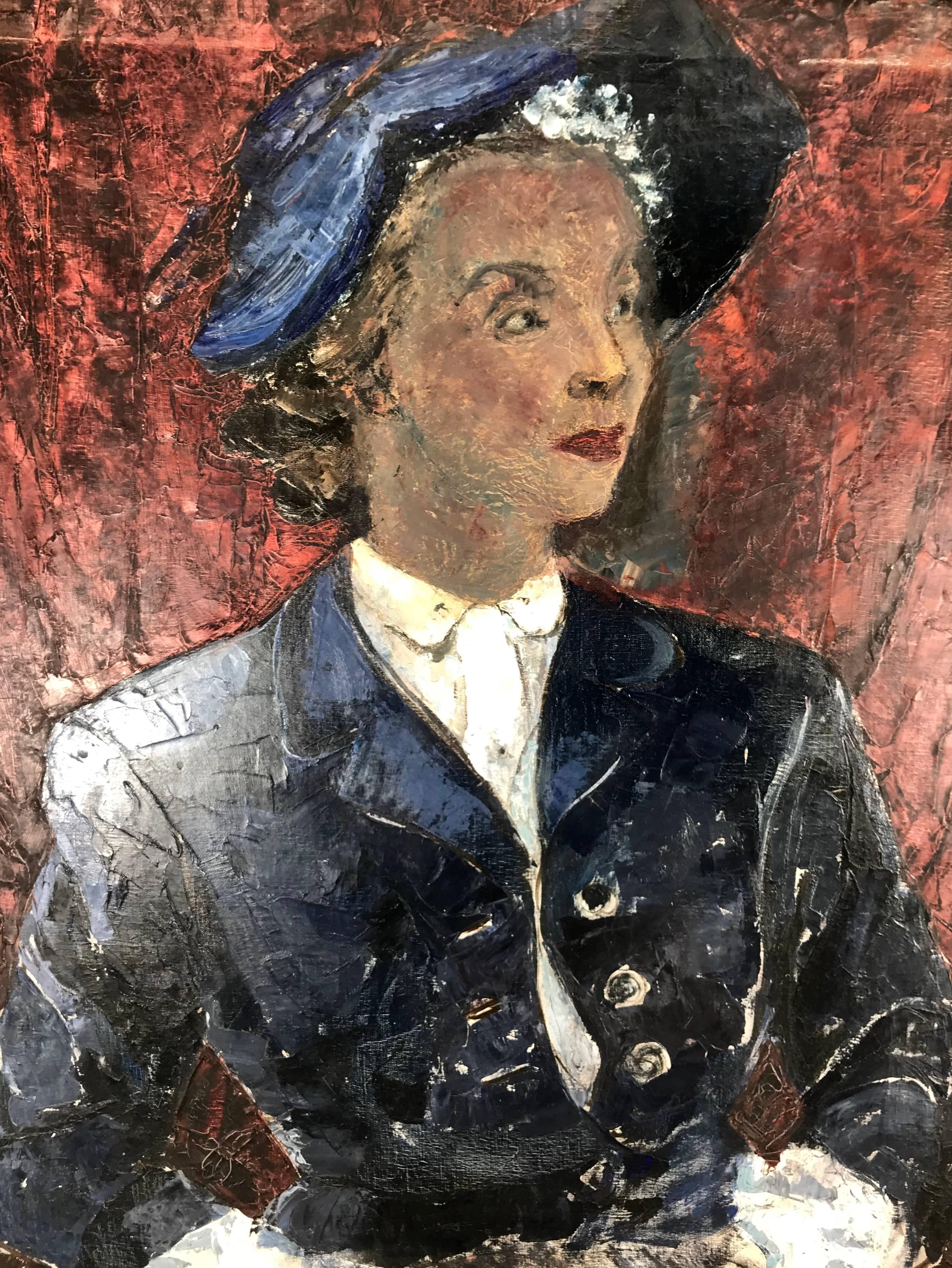 Classic Mid Century Oil Painting on Canvas,.Society Woman wearing  Hat,,Wonderful colors,,unsigned ,extremely well executed,,Purchased from high end estate in Buffalo New York,, most likely a family member,,