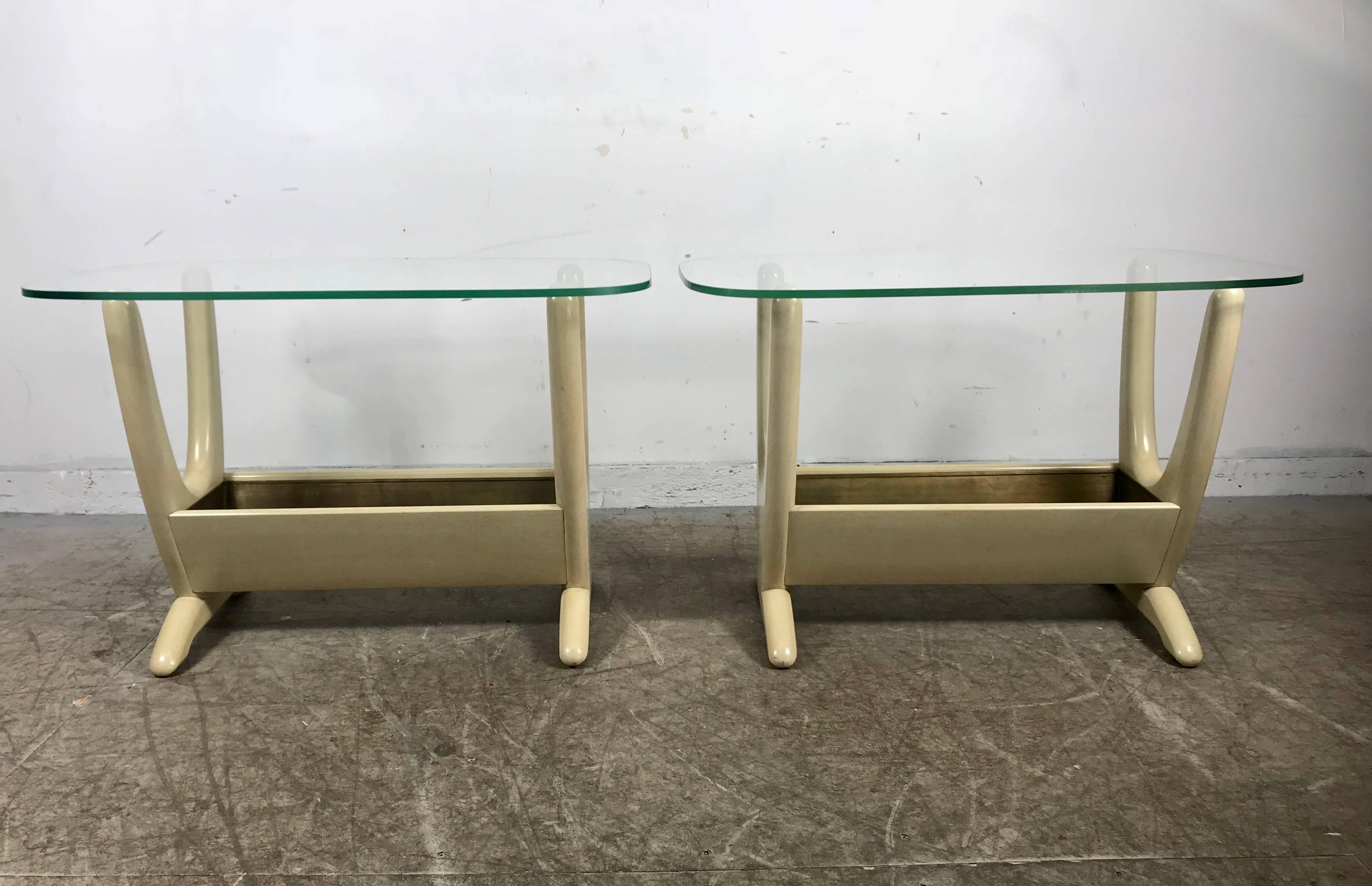 Pair of midcentury end tables with planters by Adrian Pearsall, retain original cream lacquer finish as well as original copper planters.