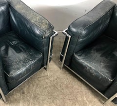 Pair of Le Corbusier LC-2 Style Leather Lounge Chairs, 1980s, Italy