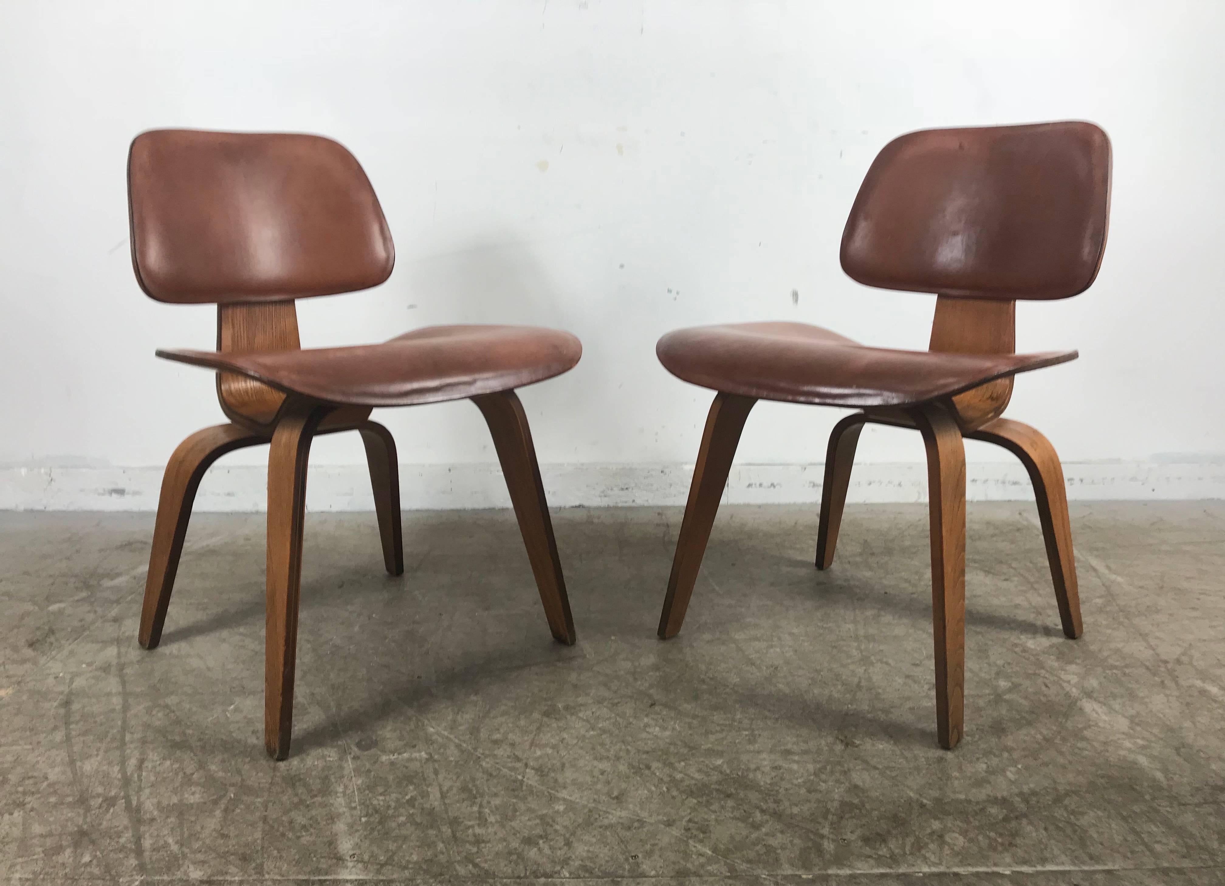 American Rare Early Production Pair of Leather and Walnut D C W's by Charles Eames
