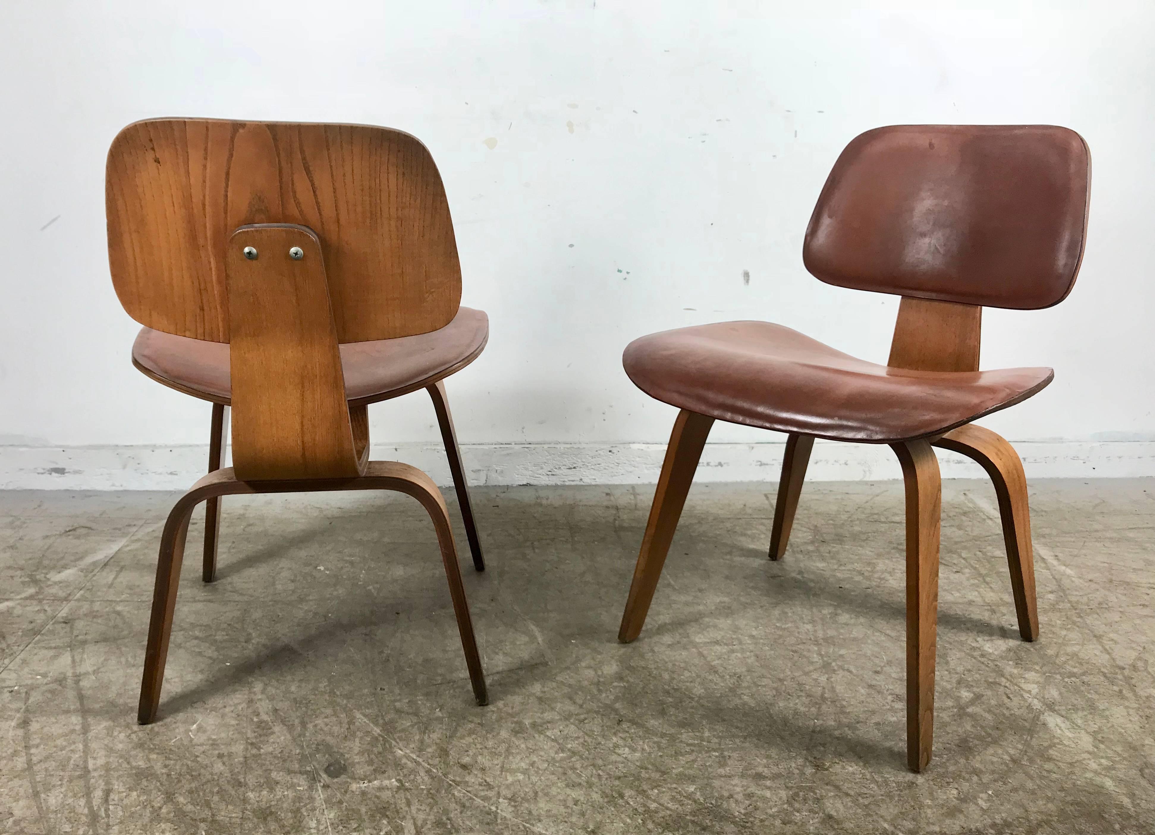 Rare Early Production Pair of Leather and Walnut D C W's by Charles Eames In Good Condition In Buffalo, NY
