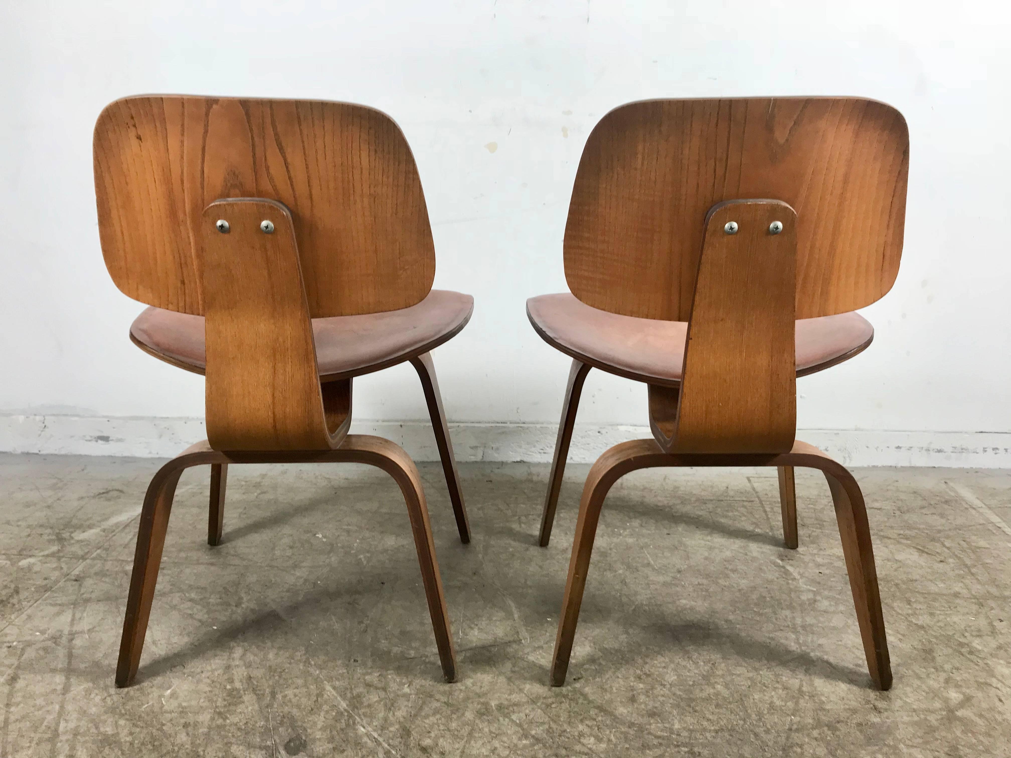 Rare Early Production Pair of Leather and Walnut D C W's by Charles Eames 1