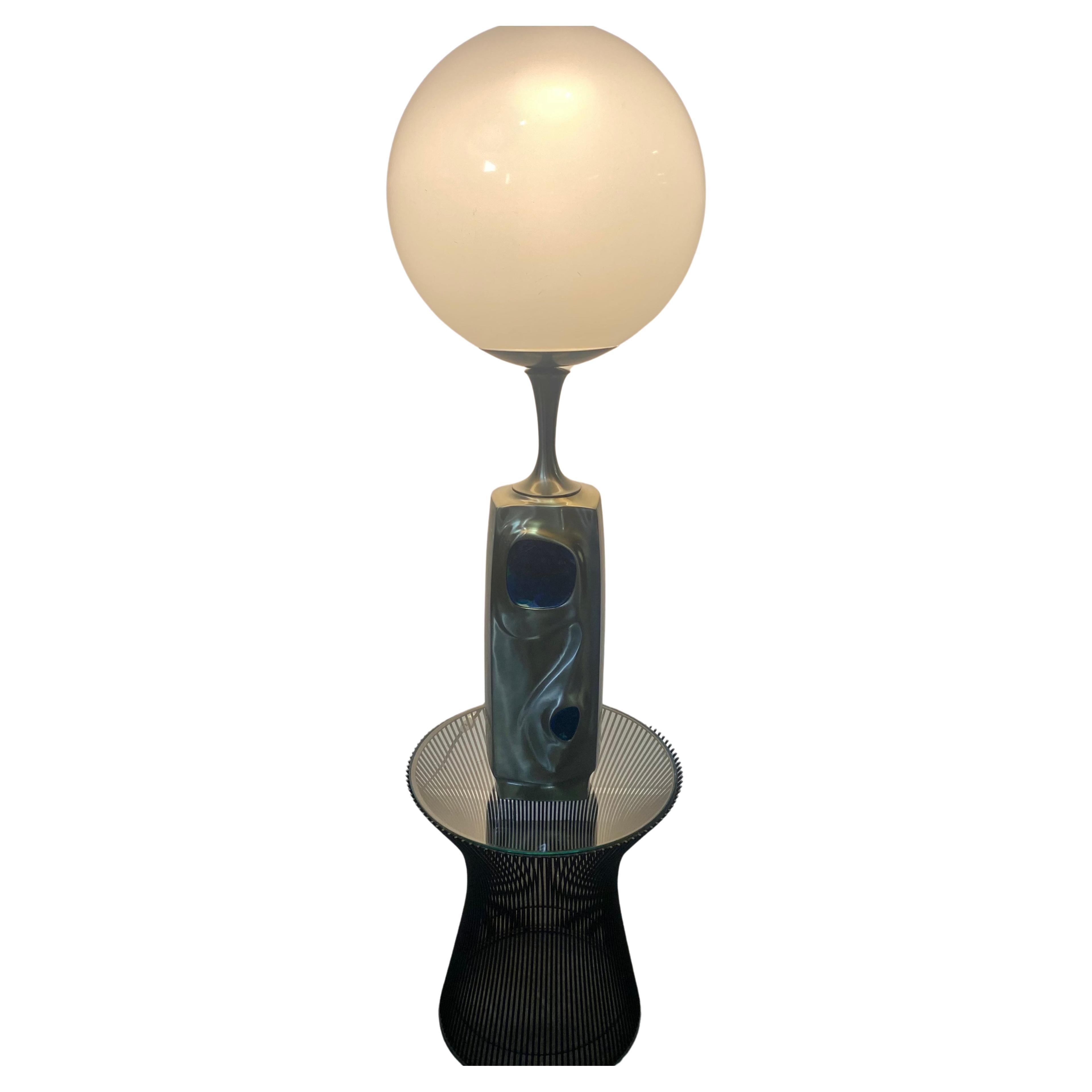 Monumental Richard Barr for Laurel lamp Co. Brutalist table lamp. space age design. One of a kind, This lamp has been modified to be used in a Space Age photo shoot, Harp removed, Top aluminum and round plastic sphere has been added. Much better
