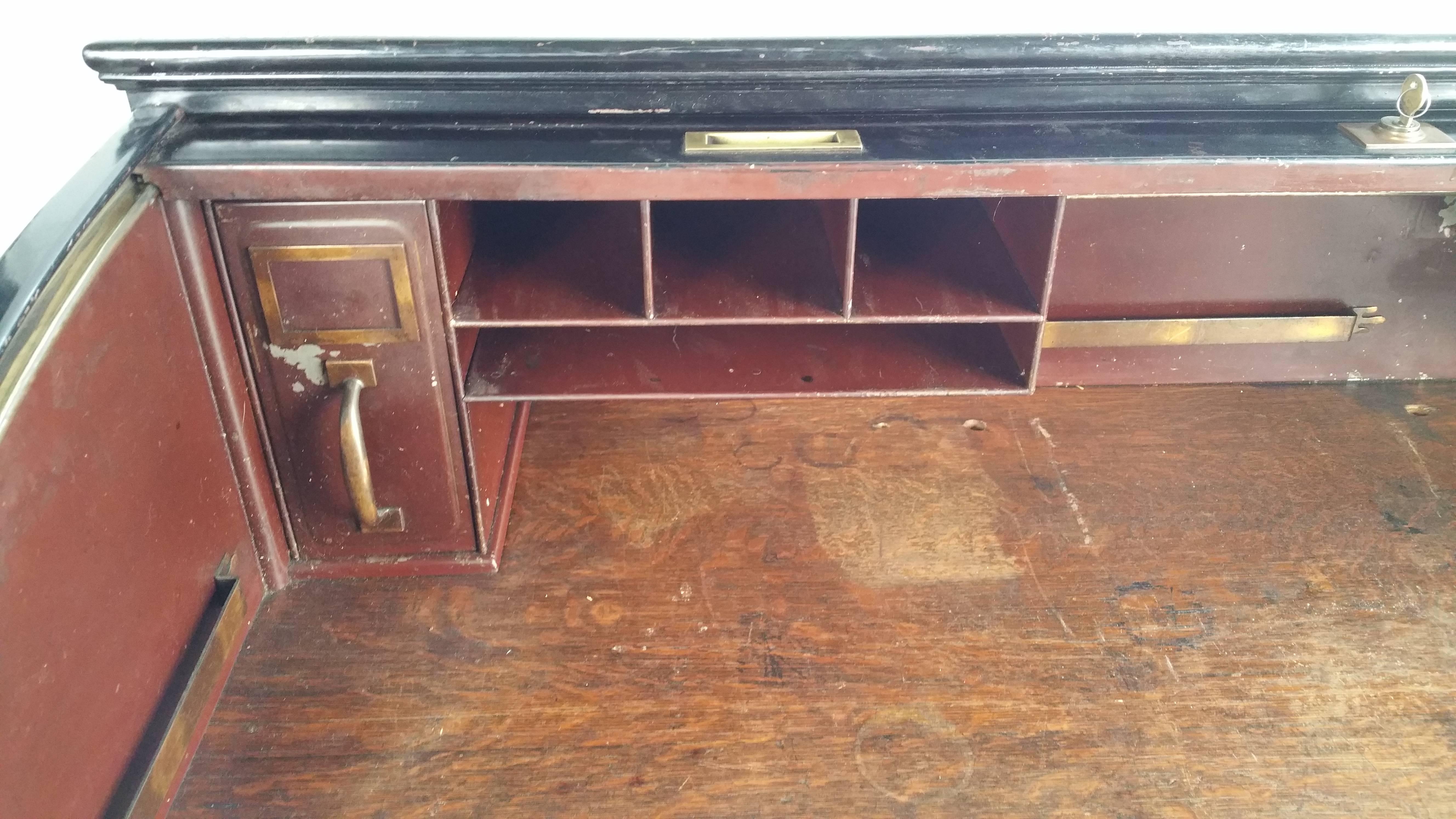 American Antique Industrial Steel Roll Top Desk, Quarter Sawn Oak Interior Art Metal