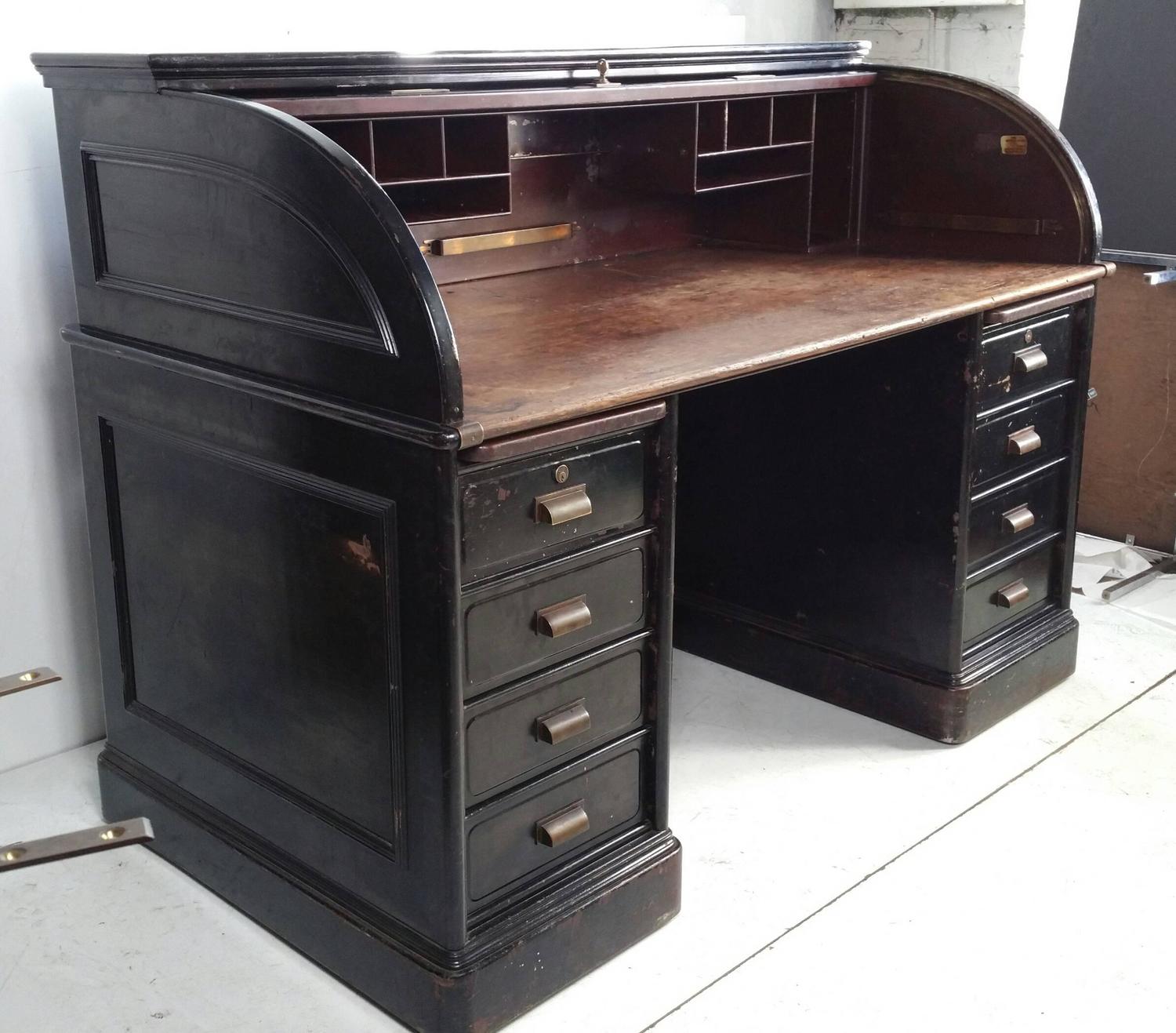 Antique Industrial Steel Roll Top Desk Quarter Sawn Oak Interior