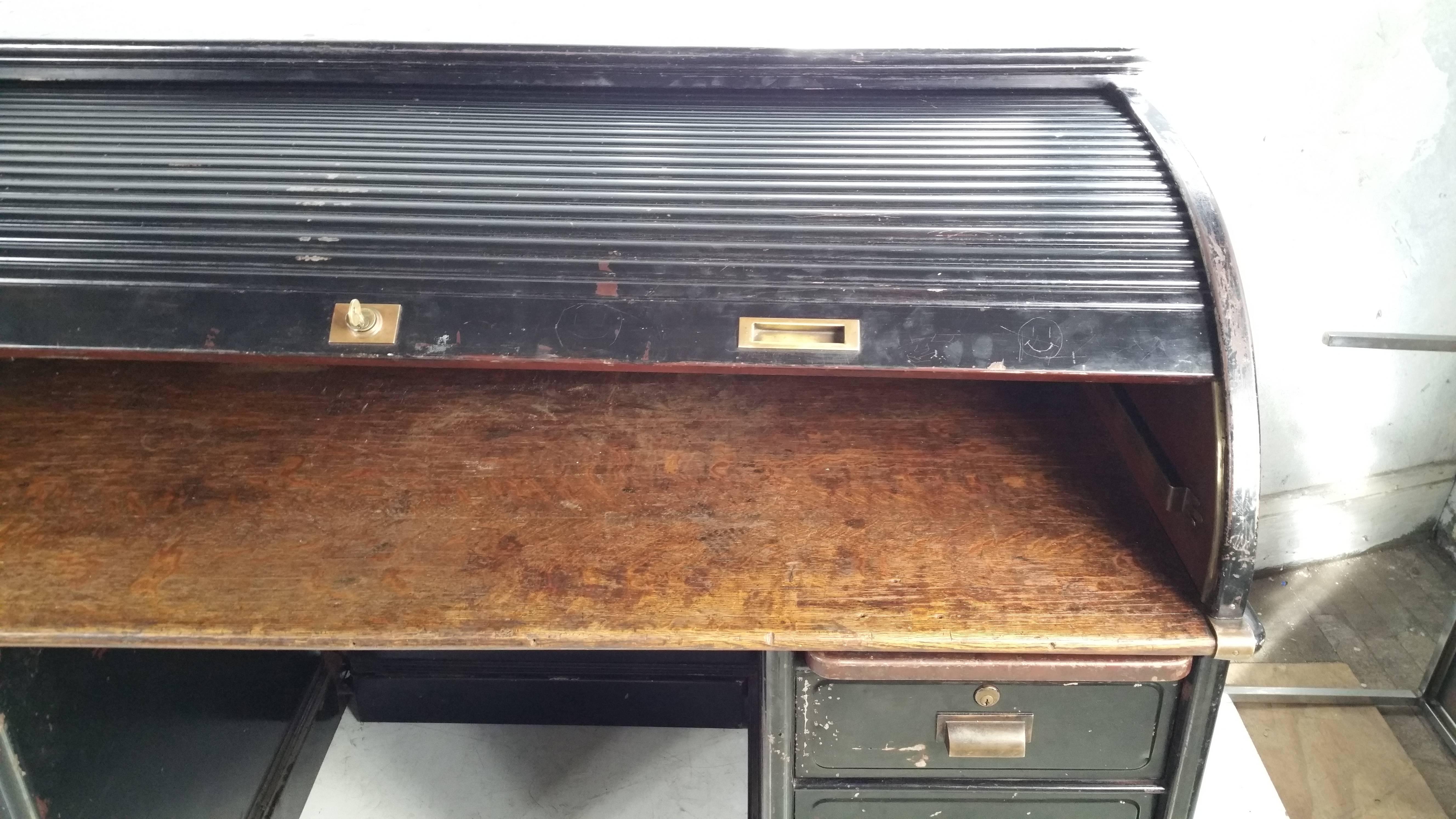 Antique Industrial Steel Roll Top Desk, Quarter Sawn Oak Interior Art Metal In Distressed Condition In Buffalo, NY