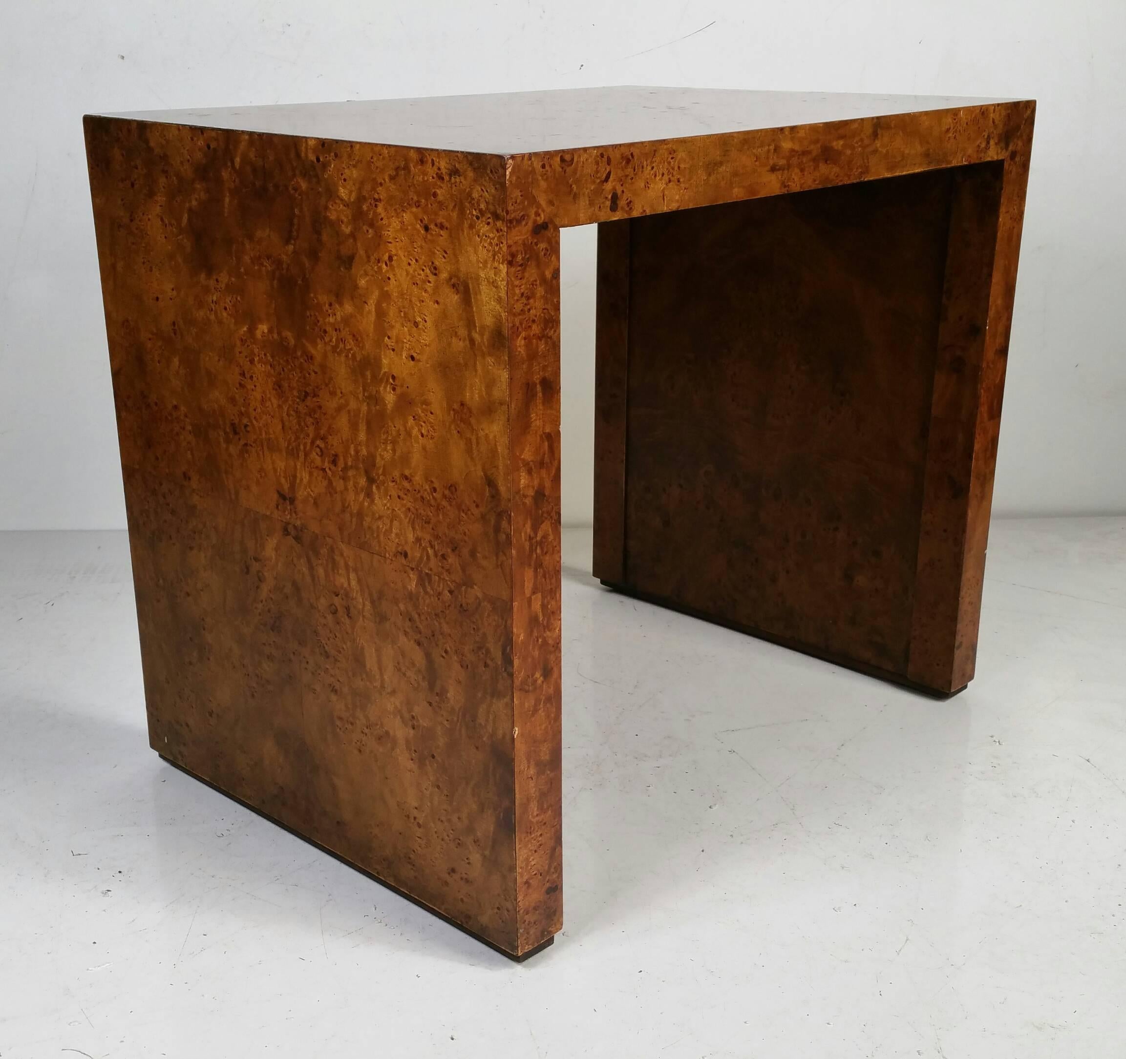 Nice occasional Burlwood table designed by Milo Baughman,Unusual bevel plynth detail,,Modernist,simple,,elegant