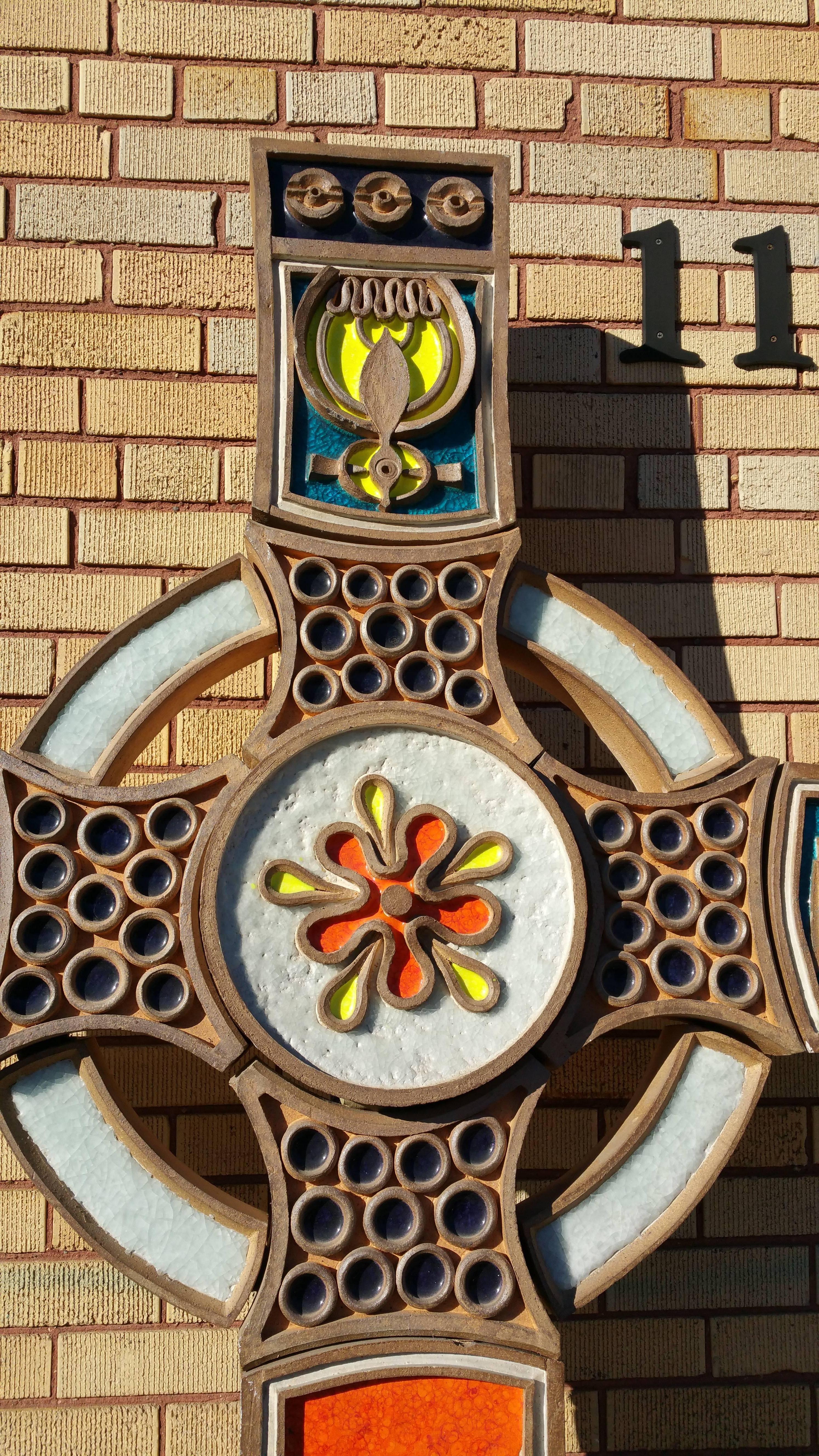 Organic Modern Monumental Christian Orthodox Crucifix, Pop Modernist Tile and Fused Glass