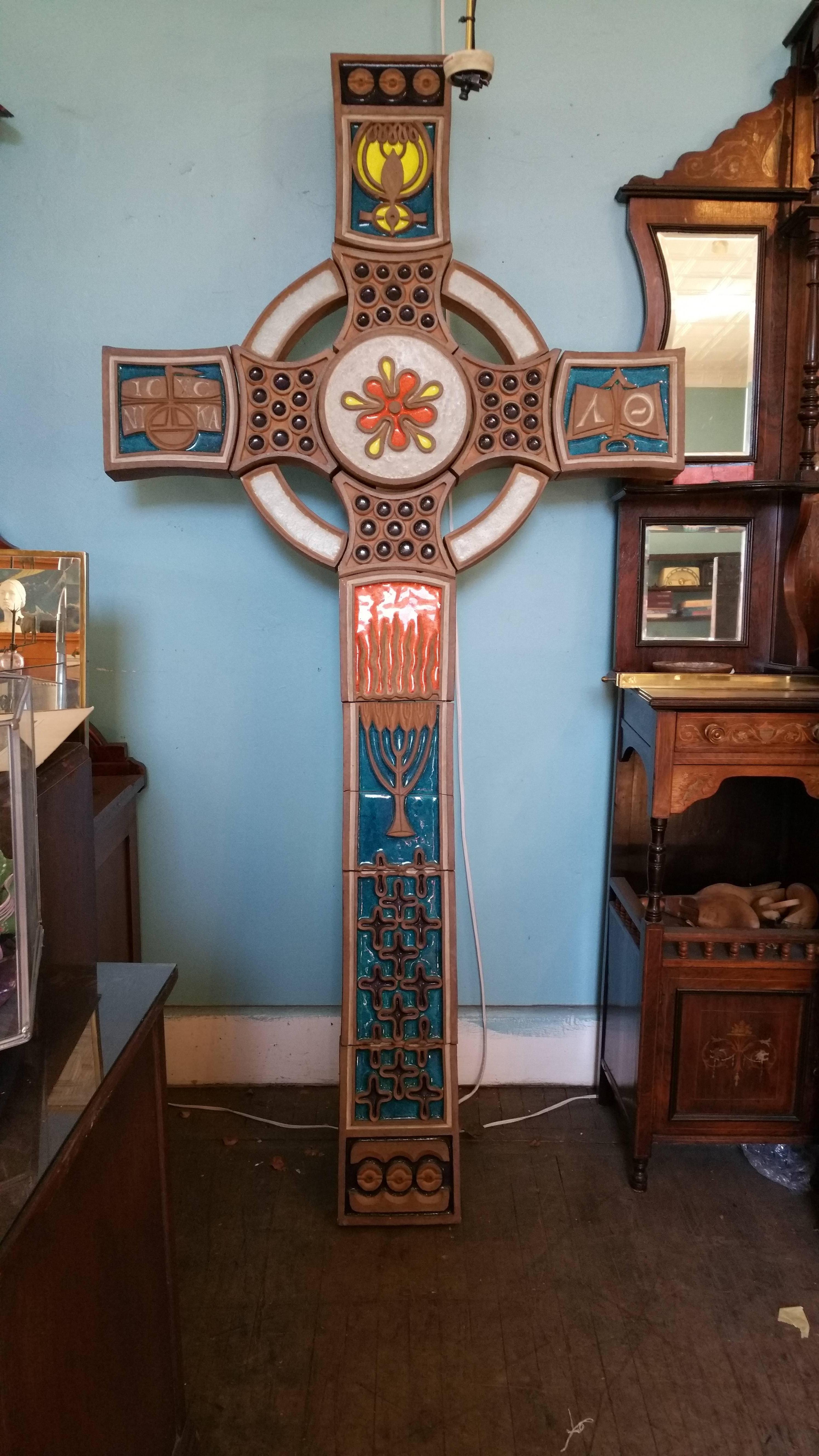 Monumental Christian Orthodox Crucifix, Pop Modernist Tile and Fused Glass 2