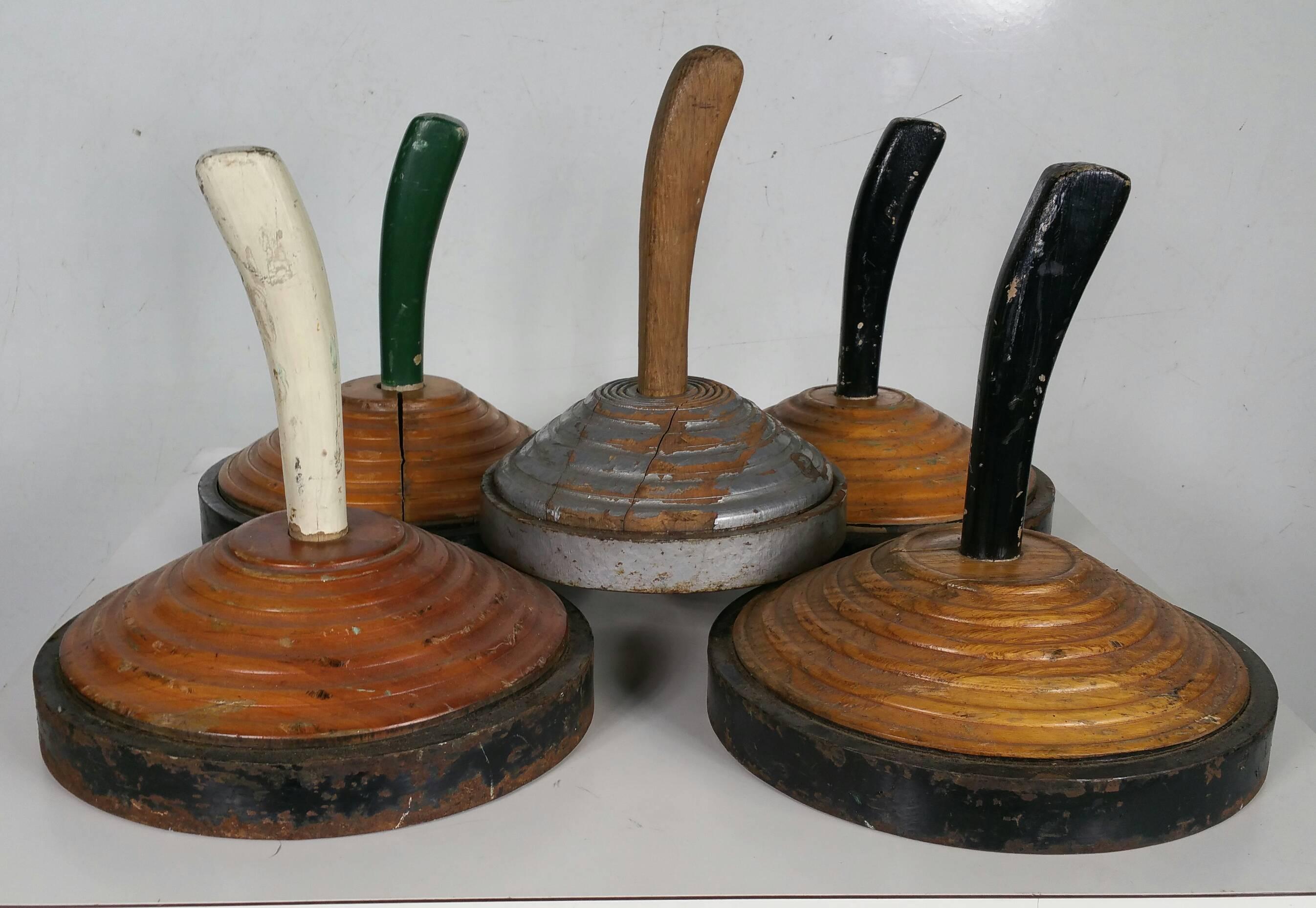 Folk Art Wooden Curling Stones, 1930s Sculptural Forms In Distressed Condition In Buffalo, NY