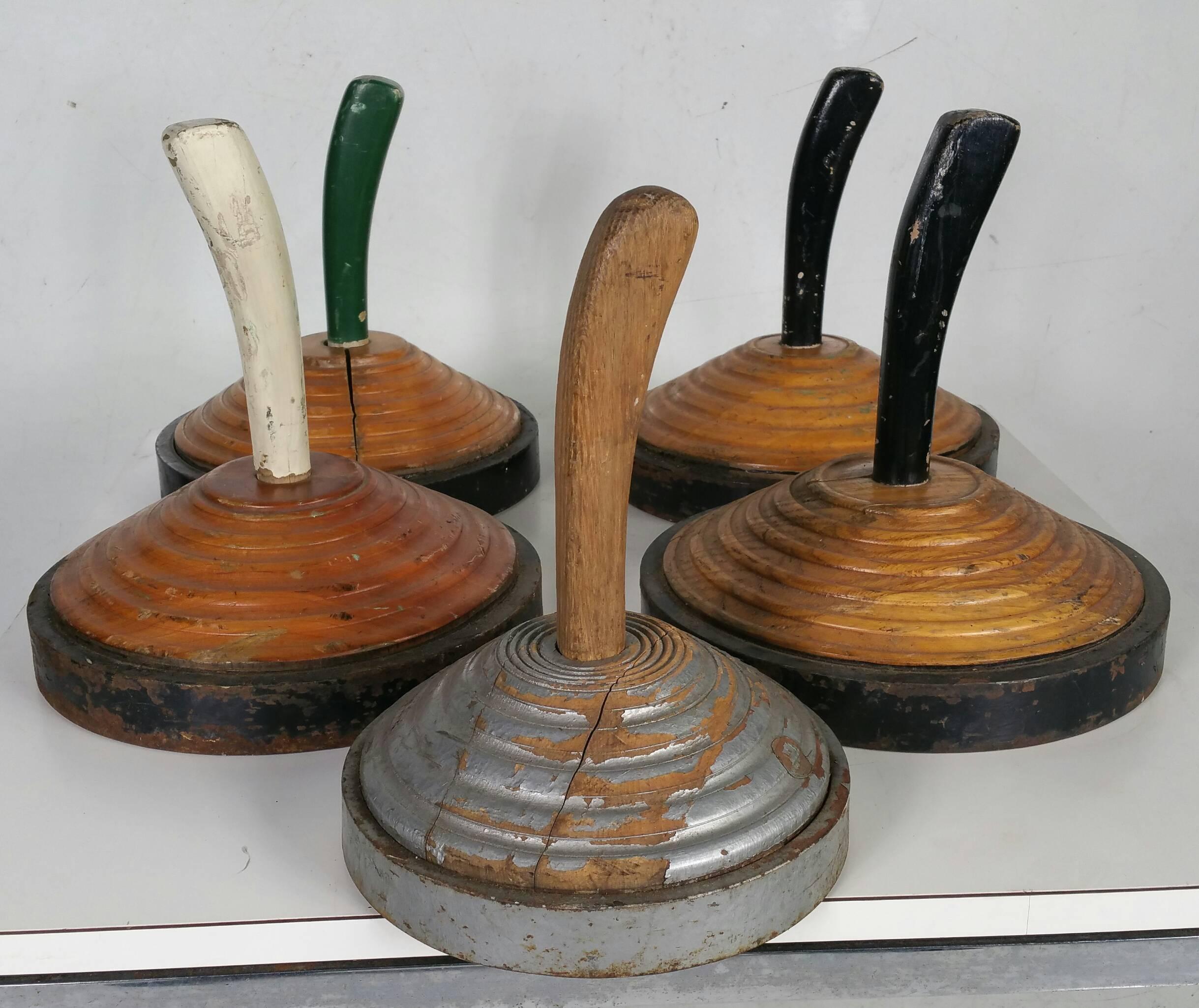 Great set of five wooden sculptural forms,, Possibly designed after curling stones..Wonderful color and patina..Art Deco Style.