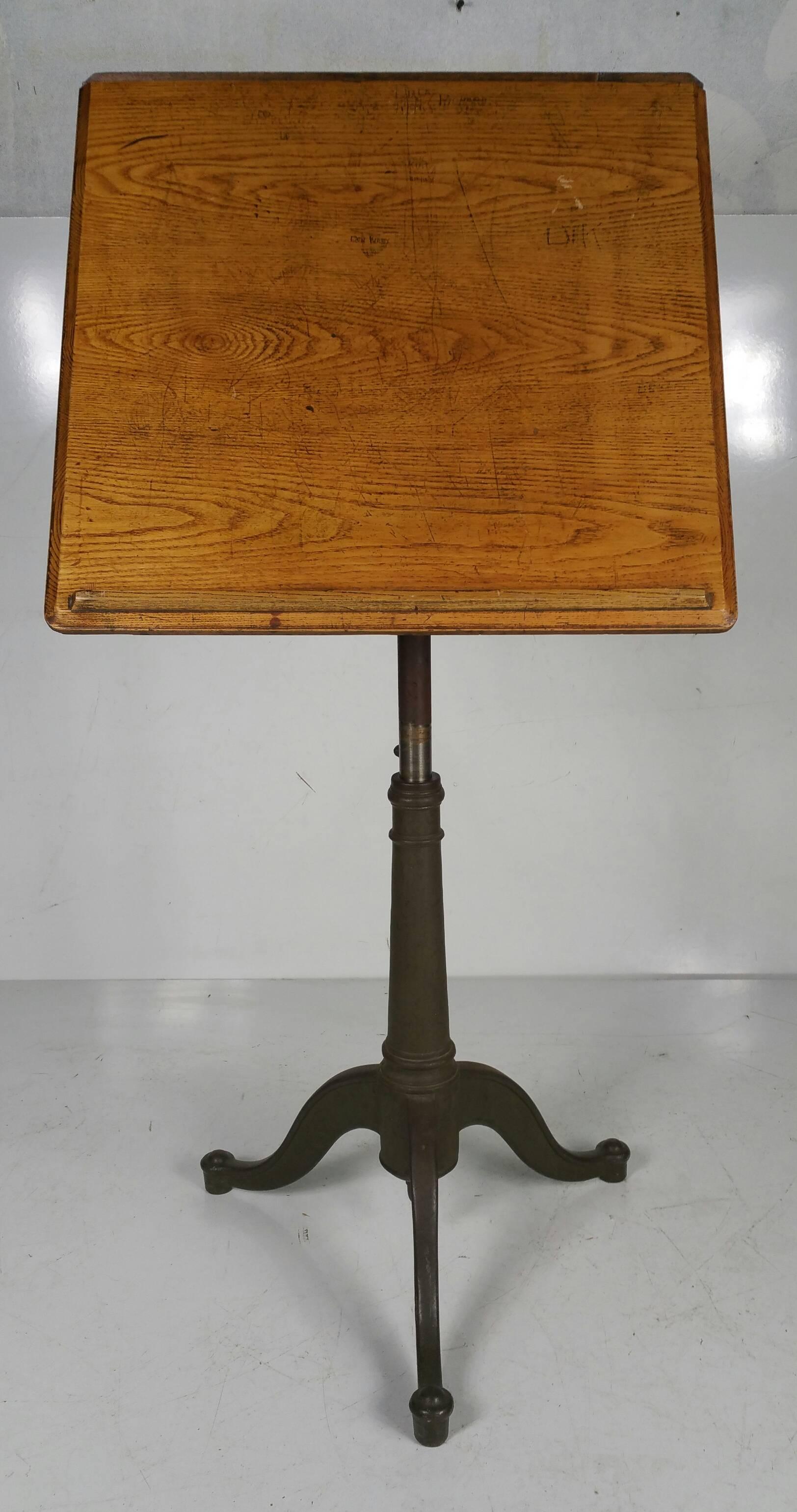 Adjustable Oak and Cast Iron Drafting Table In Good Condition In Buffalo, NY