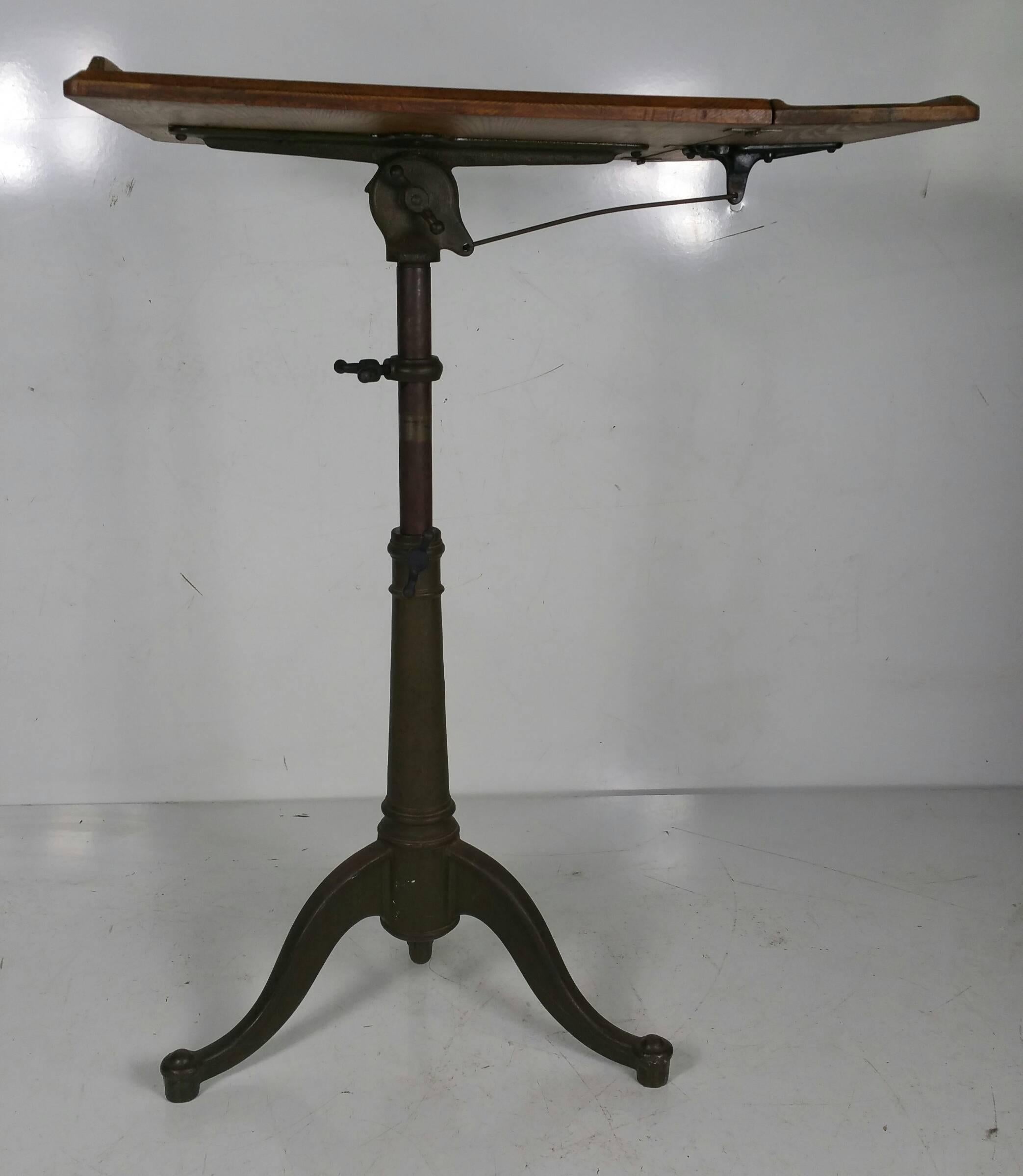 American Adjustable Oak and Cast Iron Drafting Table