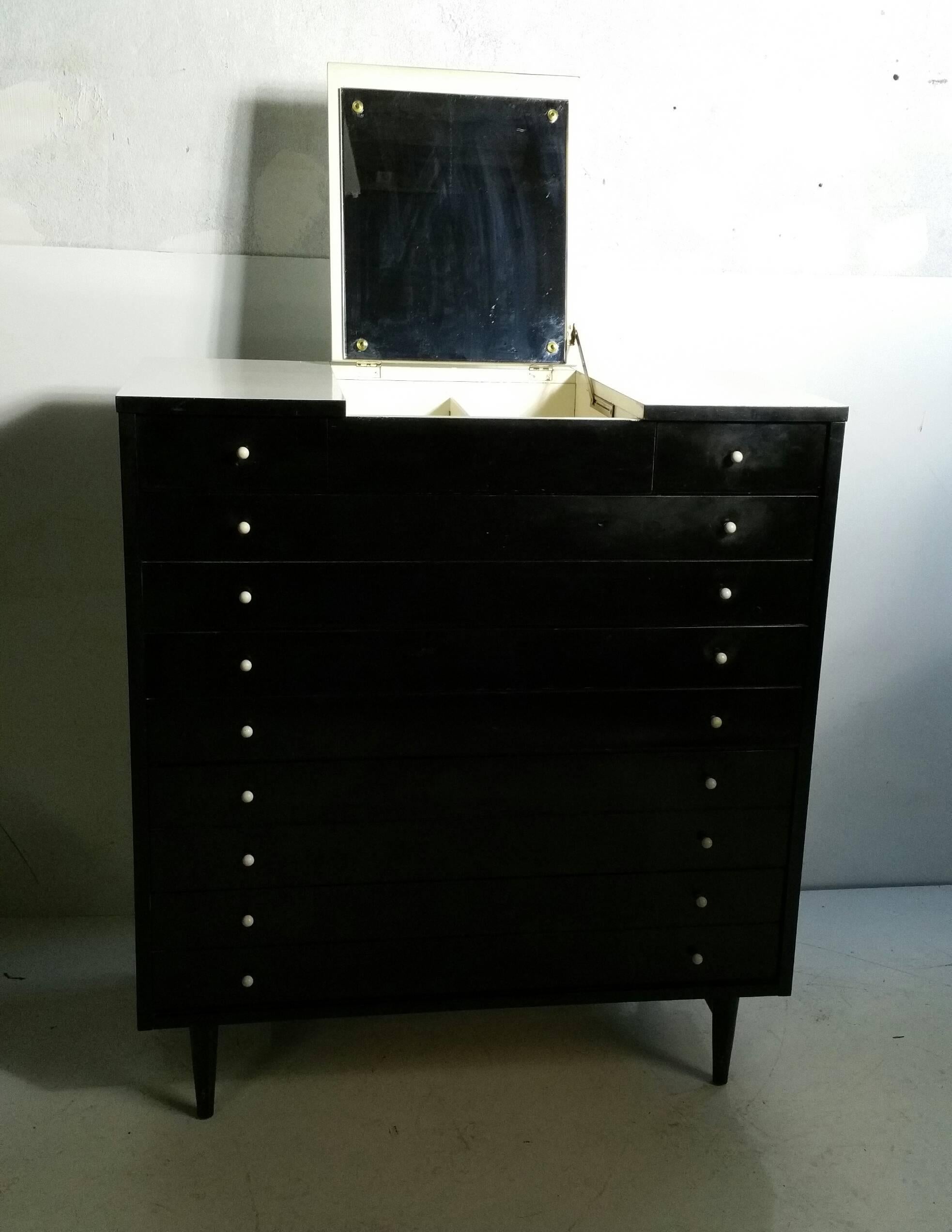 Rare Ebonized Chest /Fold Out Mirror by American of Martinsville In Good Condition In Buffalo, NY