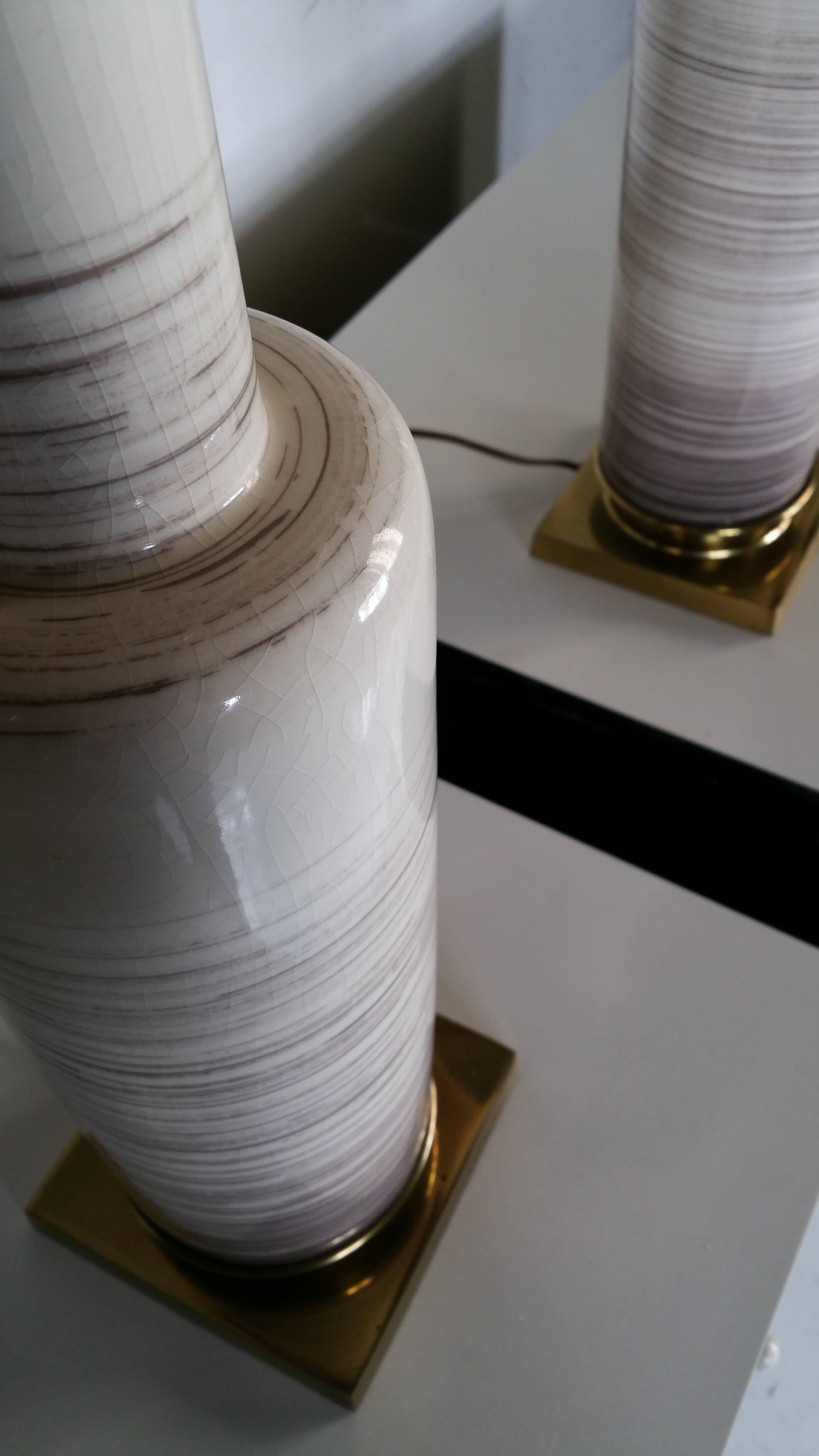 Brass Pair of Architectural Beige and Grey Crackle Glazed Ceramic Lamps by Stiffel