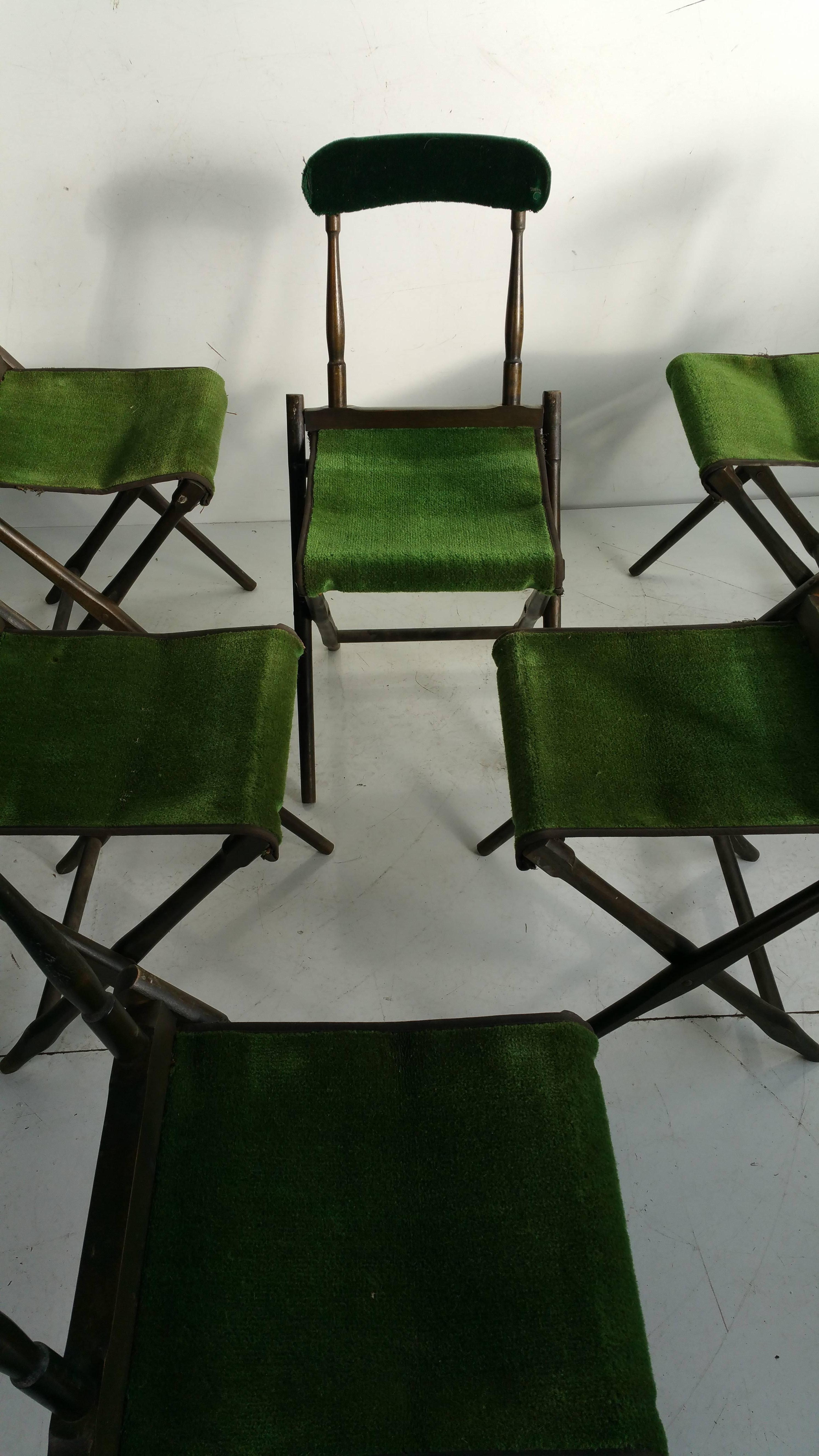 Nice set of six matching folding chairs, Manufactured by B.J.Harrison Son Co.Interesting design,, Retain original emrald green mohair fabric..