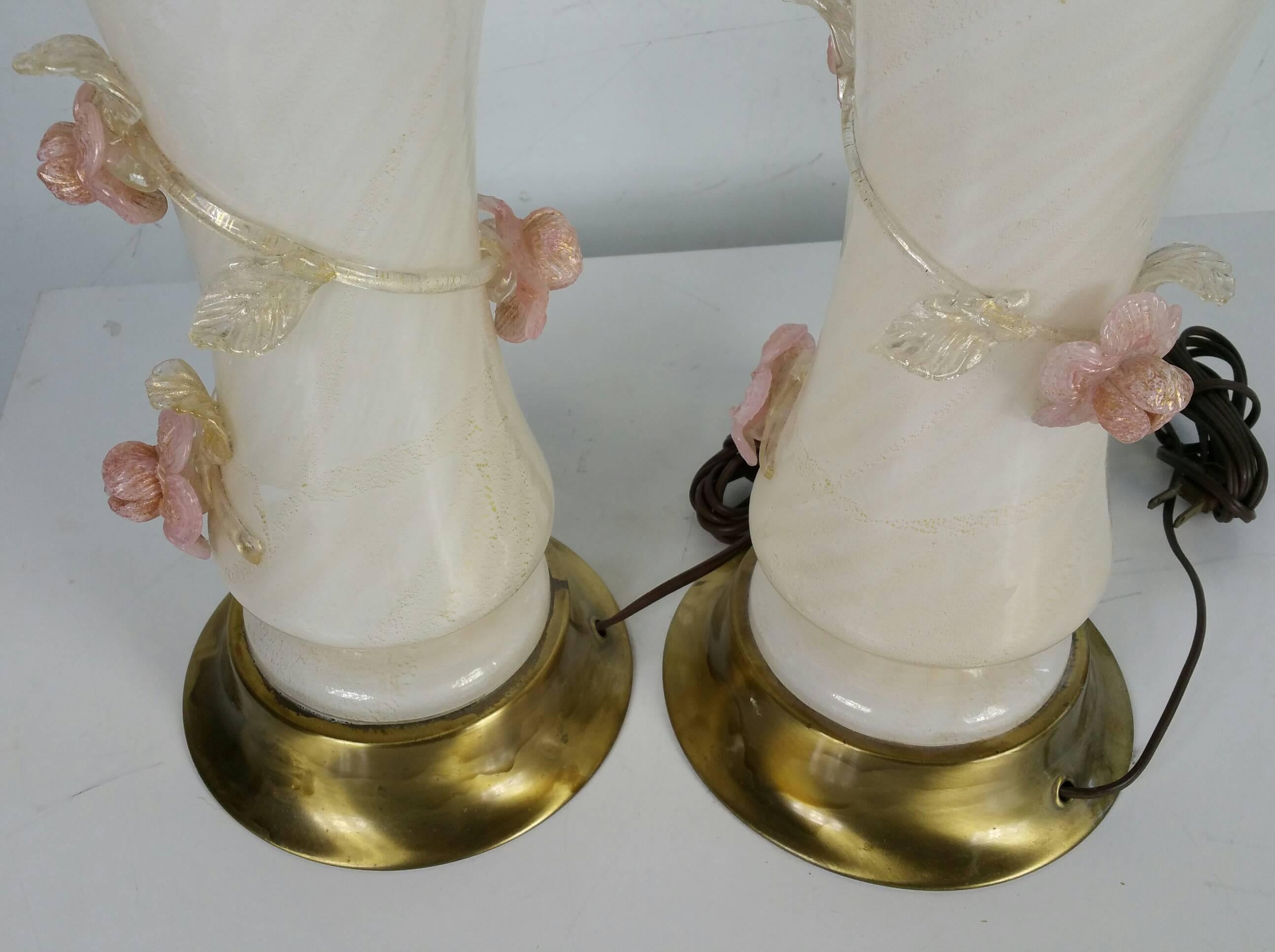 Soothing ,serene pair of italian lamps,, Opalescent blown glass,,applied flowers,,Brass detailing,,