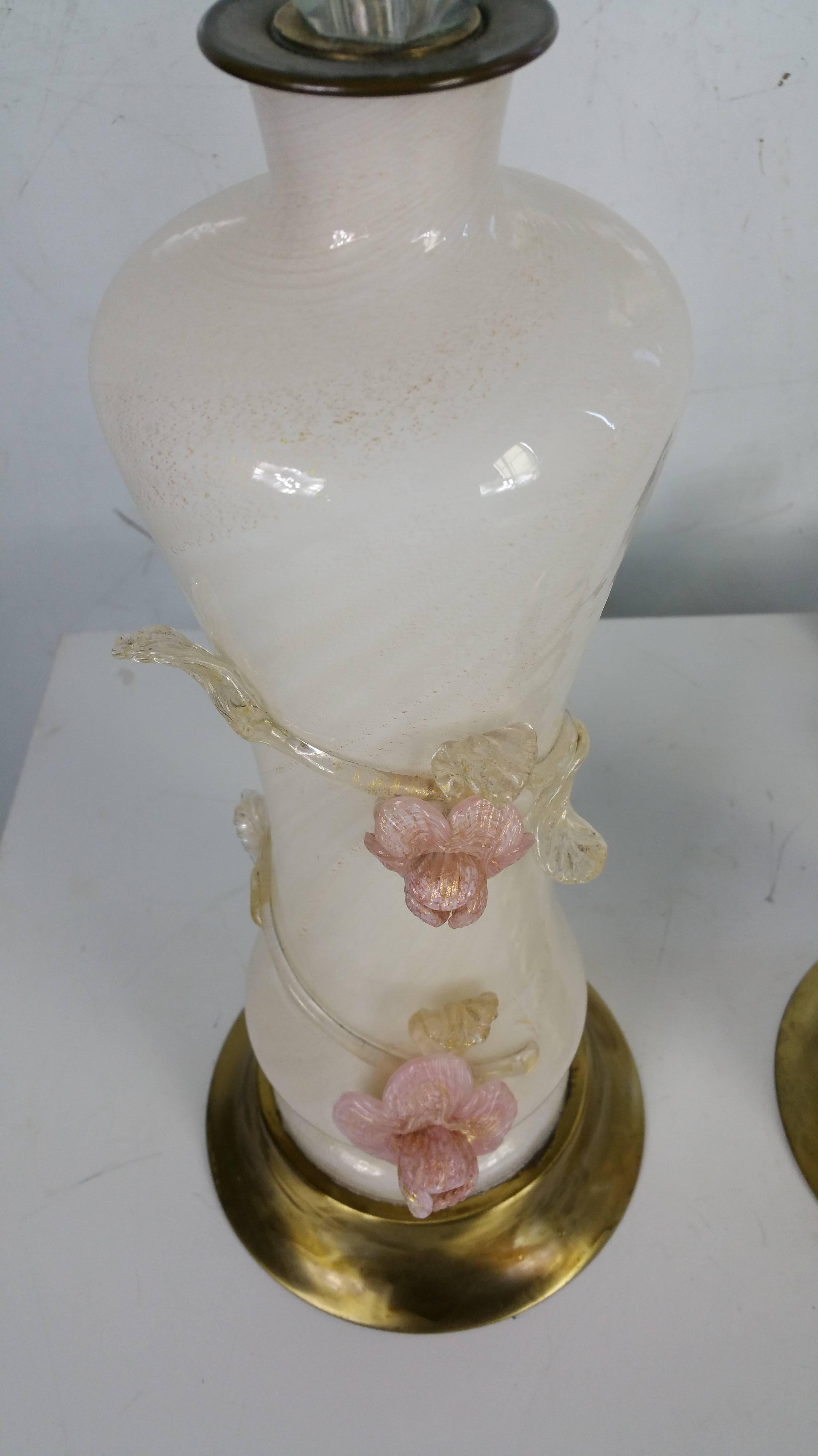 Italian Pair Murano Lamps, Applied Flower Detail, Opalescent, Gold and Pink