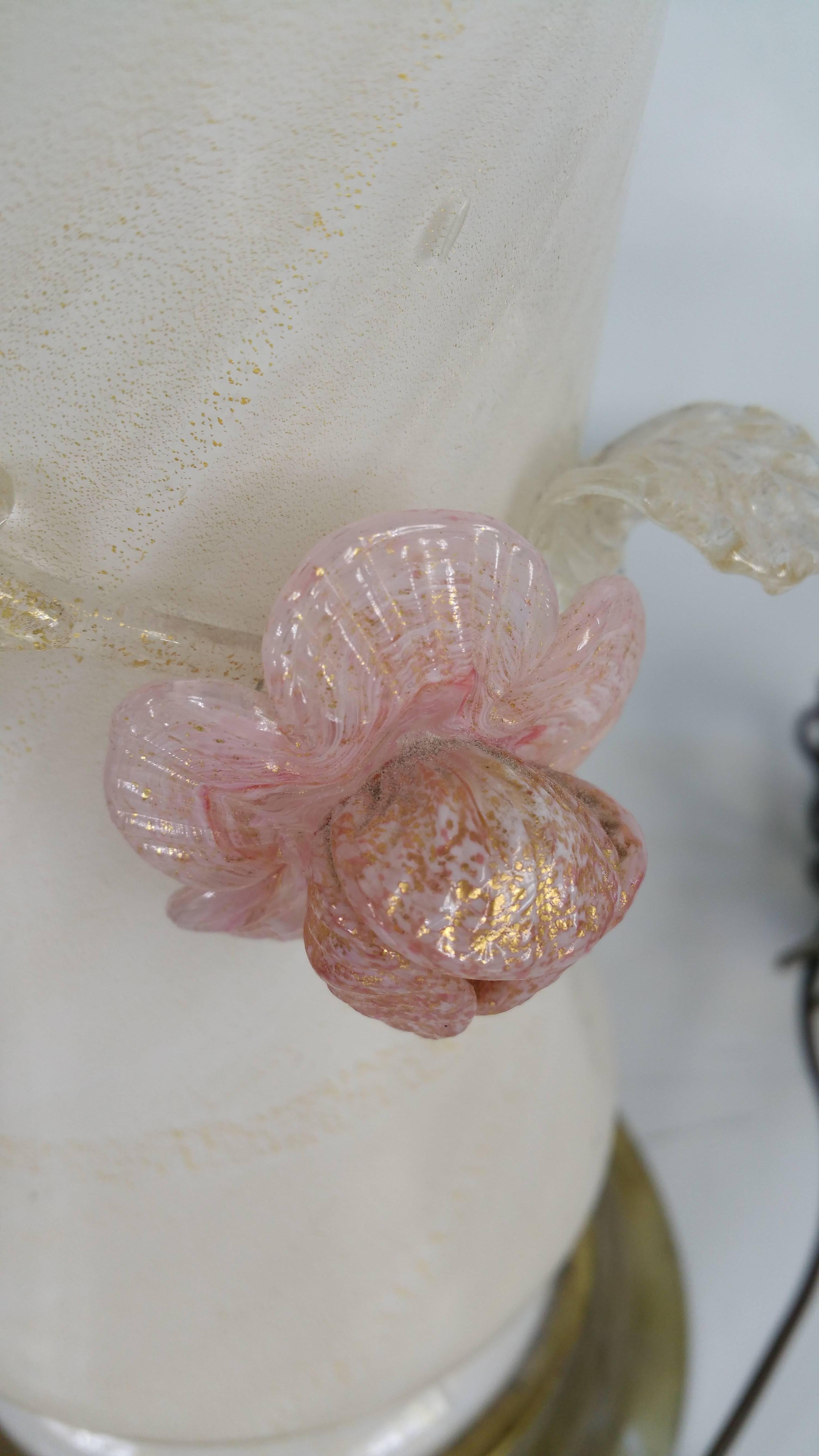 Mid-Century Modern Pair Murano Lamps, Applied Flower Detail, Opalescent, Gold and Pink