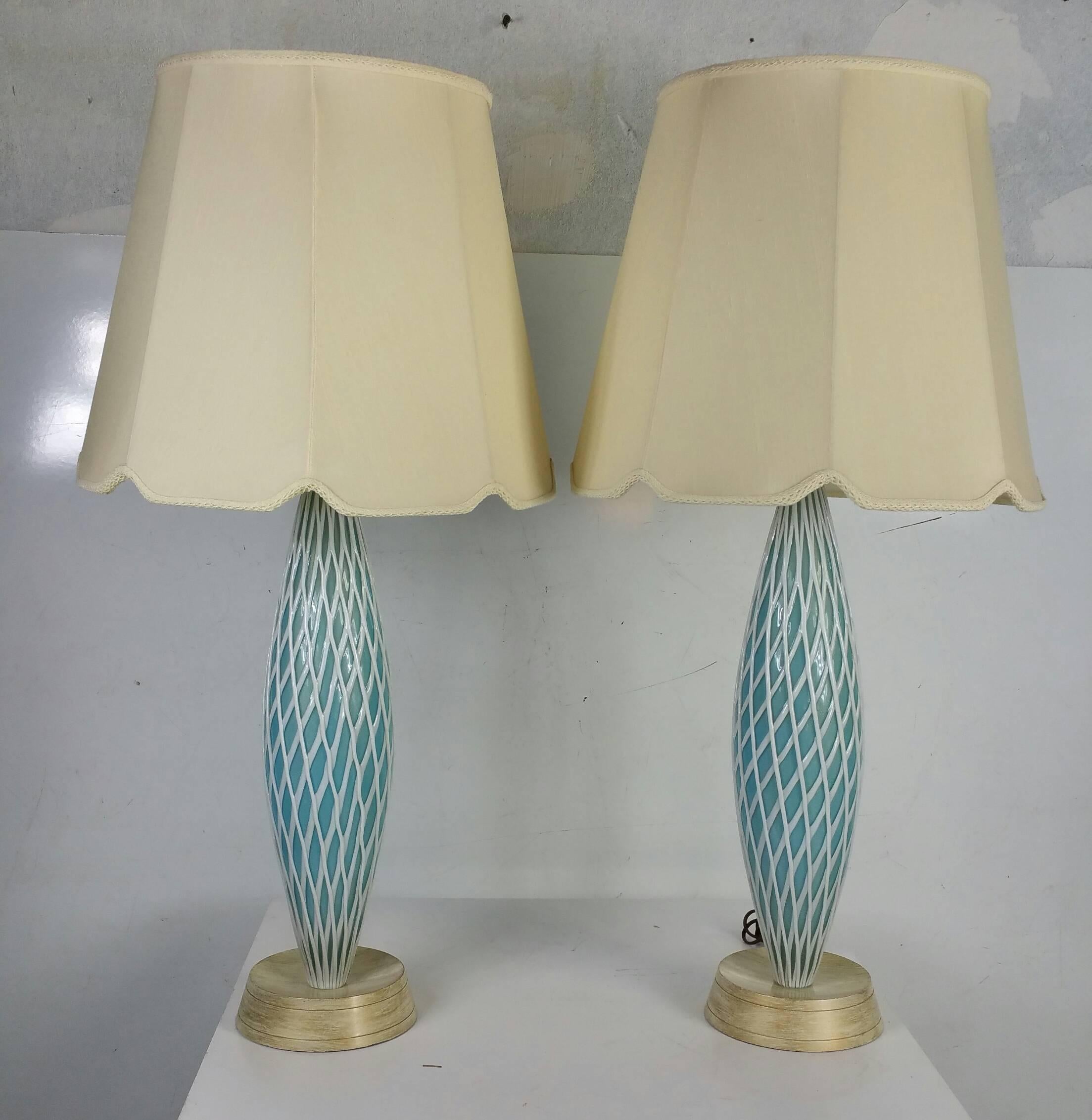 Mid-Century Modern Rare Pair of Blue and White Murano Lamps, Aureliano Toso Dino Martens