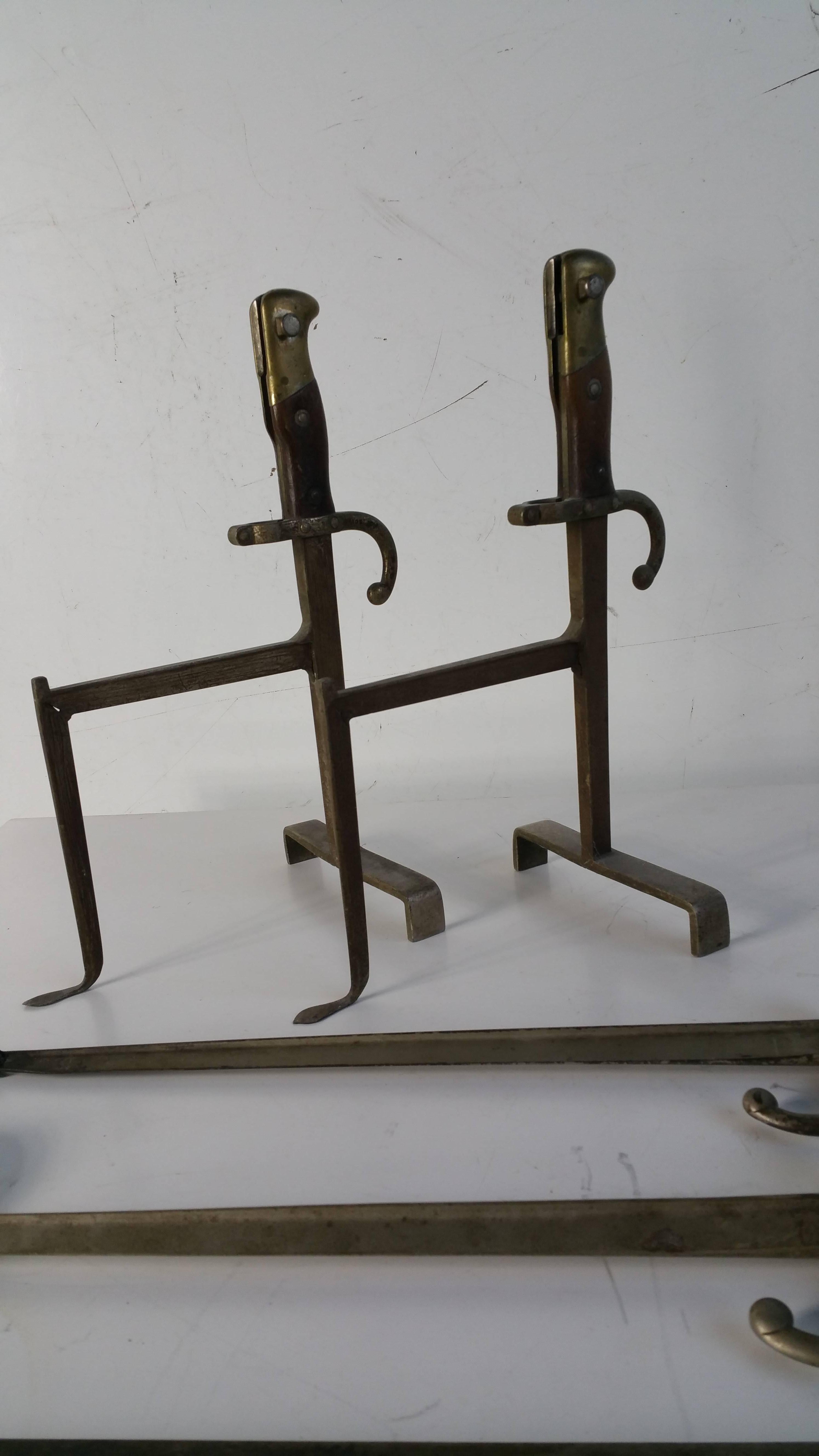 Folk Art Set of Three French Bayonet Forged Fire Tools and Andirons